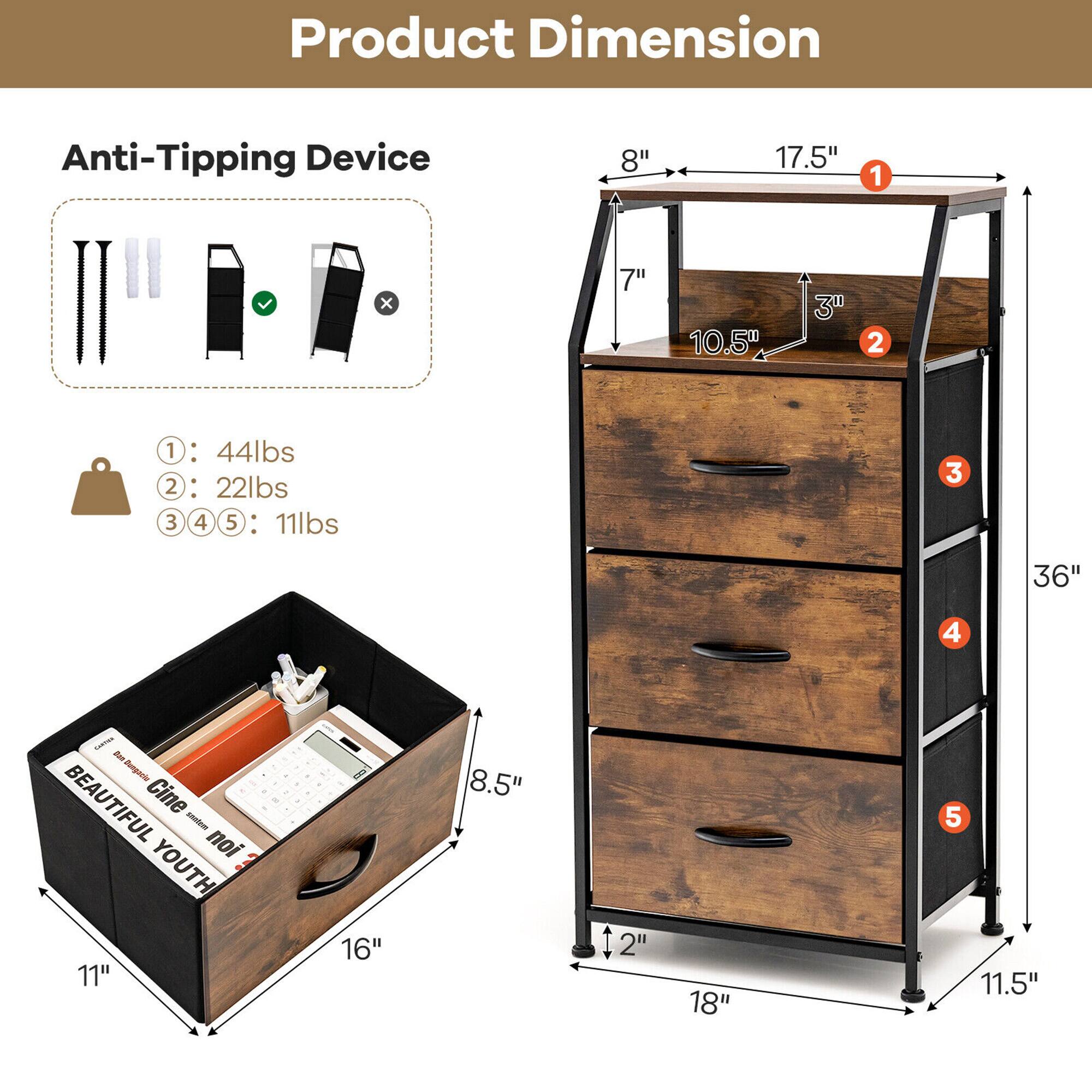 **Product Dimension**

**Anti-Tipping Device**

- 1: 44lbs
- 2: 22lbs
- 3, 4, 5: 11lbs

**Dimensions:**

- 1: 8" x 17.5"
- 2: 7" x 10.5" x 3"
- 3: 8.5"
- 4: 36"
- 5: 11.5"
- Width: 18"
- Height: 11.5"
- Depth: 11"
- Width: 16"