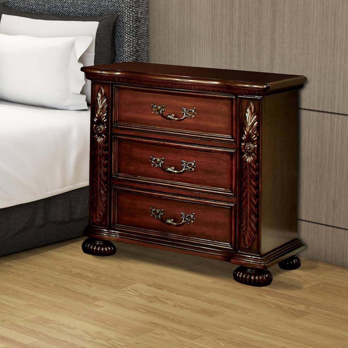 Alt View 4. Loheer - Loheer Solid Wood Nightstand Brown Cherry Three Drawer Bedside Table - Brown.