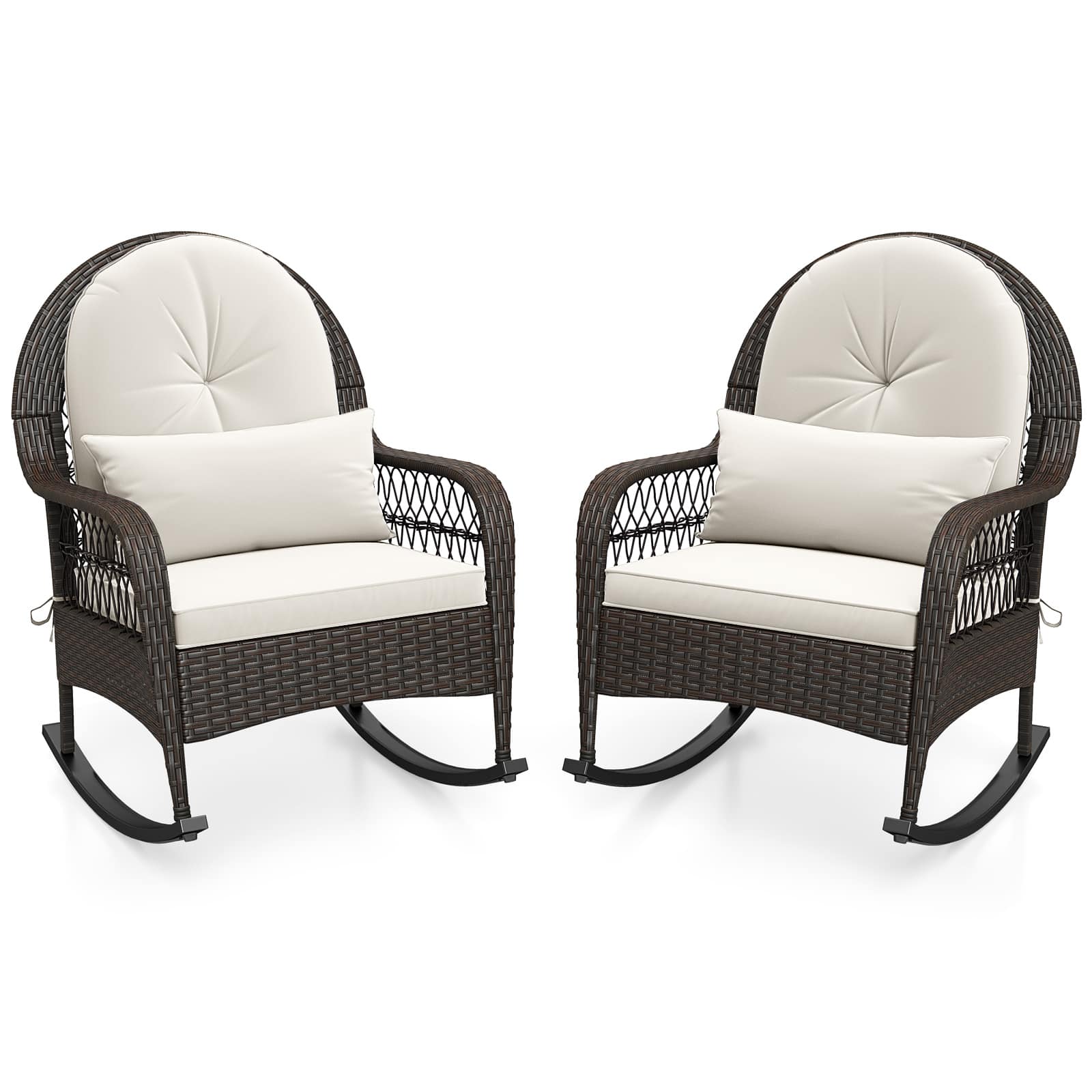 Gymax - 2PCS Patio Wicker Rocking Chair w/ Seat Cushions & Lumbar Pillow Porch - White