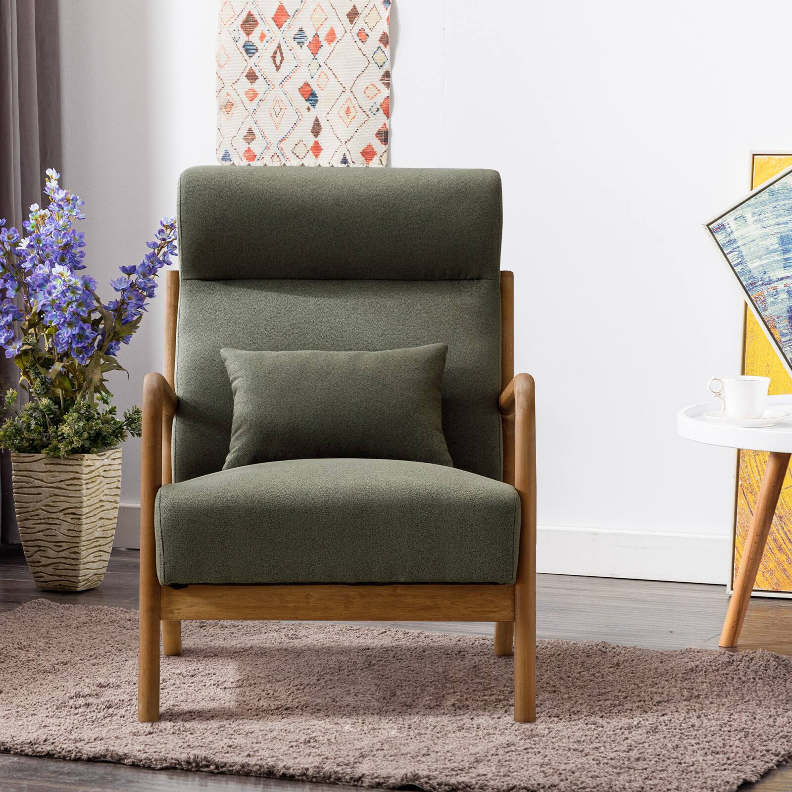 Angle. Bestier - Mid-Century Upholstered Accent Chair with Wooden Frame and High Back, Pillow, and Waist Cushion - Green.