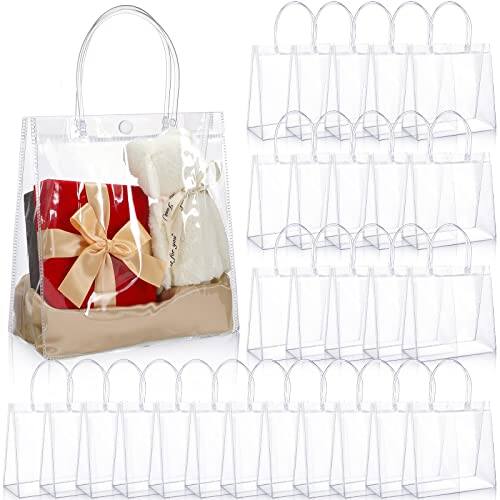 Front. ESBANY - 80 Pcs Clear Plastic Gift Bags with Handles Small Transparent PVC Reusable Tote Gift Bags for Shopping Wedding Favor(7.9 - Transparent.