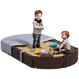 Qaba - Kids Sandbox with Cover, Oval 71" Sand Pit, 4 Seats, Weather Resistant, Backyard, Lawn, Garden, Beach, Patio