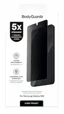 BodyGuardz 5x STRONGER THAN AN UNPROTECTED SCREEN A LIFETIME REPLACEMENTS Remplacements à vie FINGERPRINT SCAN COMPATIBLE Compatible avec la lecture d'empreintes digitales Tempered Glass Screen Protector Protecteur d'écran en verre trempé For Samsung Galaxy S26 2-WAY PRIVACY