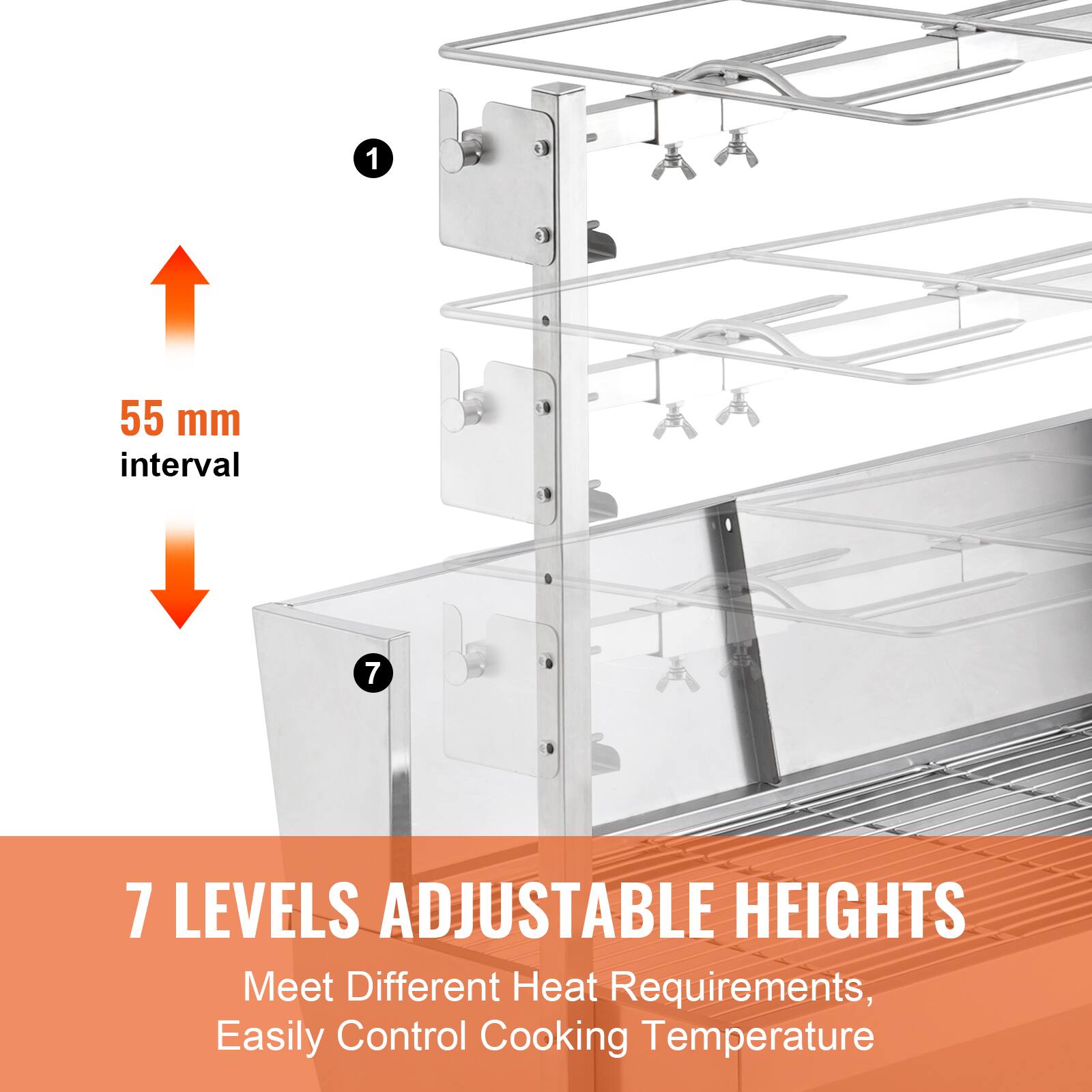 1 55 mm interval
7 7 LEVELS ADJUSTABLE HEIGHTS
Meet Different Heat Requirements, Easily Control Cooking Temperature