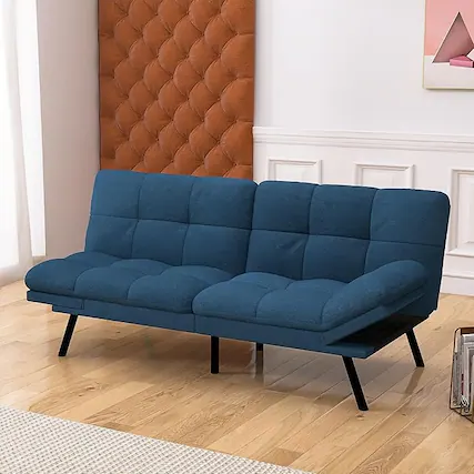 Front. Dyonery - Dyonery Convertible Futon Sofa Bed with Adjustable Backrest & Removable Armrests, Foldable Sleeper Loveseat - Blue.