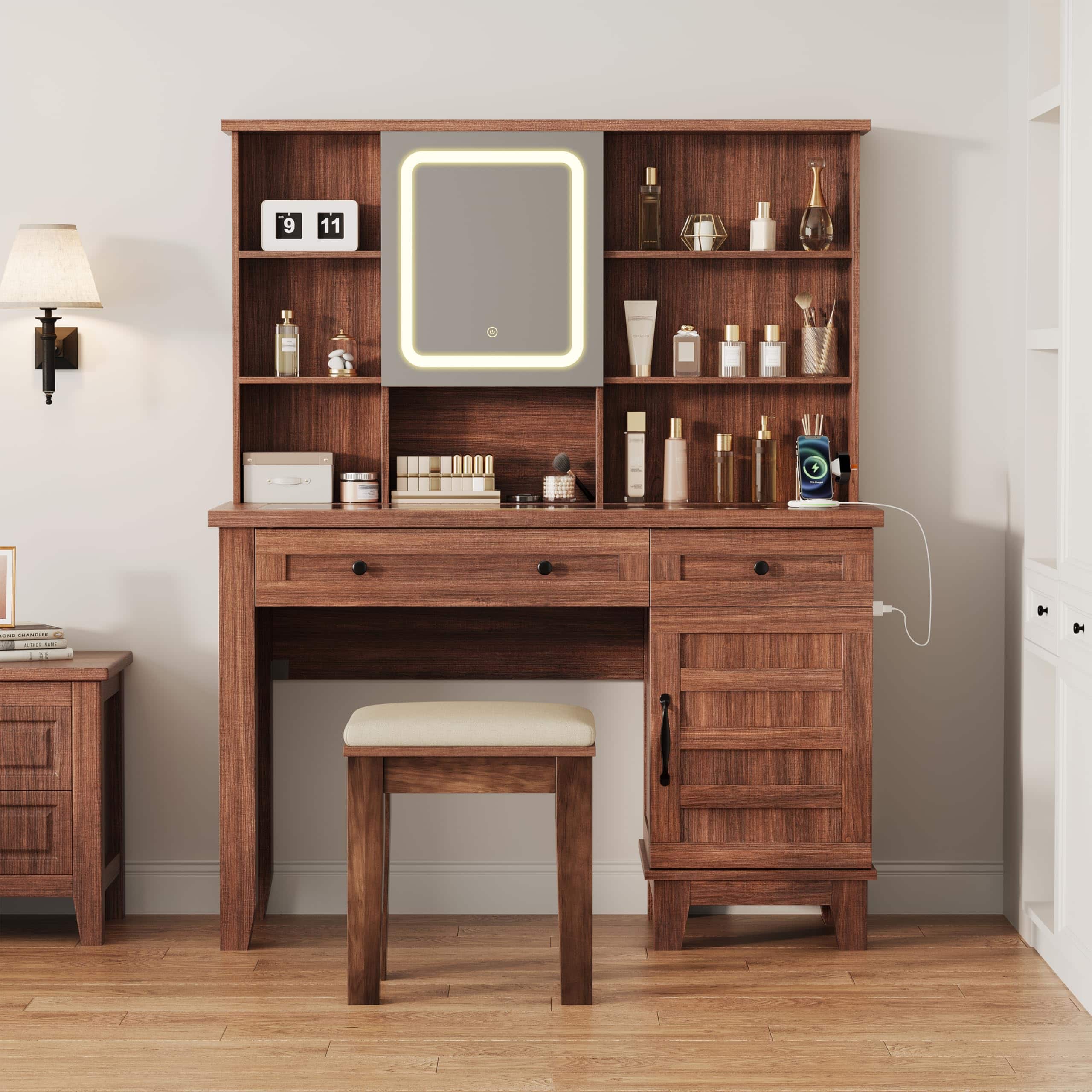 Jojoka - Makeup Vanity Desk with Lighted Mirror & Power Outlet, Farmhouse Dressing Table with Glass Top, 2 Drawers & Stool - Brown