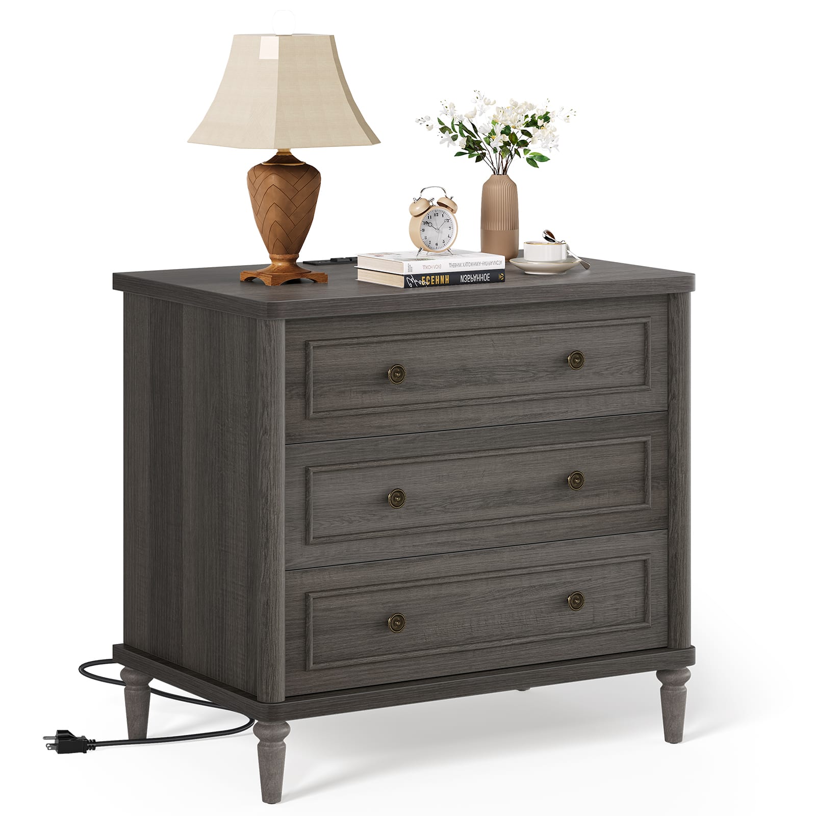 Bestier - 3 Drawer Farmhouse Nightstand, Mid-Century Fluted Bedside Table with Charging Station - Charcoal Stained Ash