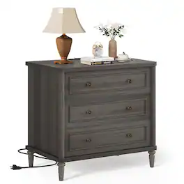 Bestier - 3 Drawer Farmhouse Nightstand, Mid-Century Fluted Bedside Table with Charging Station - Charcoal Stained Ash