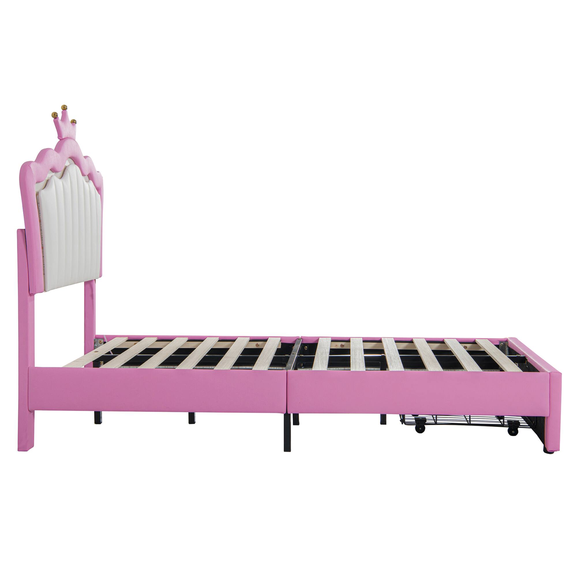 Back. GOODSILO - Twin Size Upholstered Platform Bed with LED Lighting and Storage Drawer, Modern Crown Headboard Design for Bedroom Decor - Pink+White.