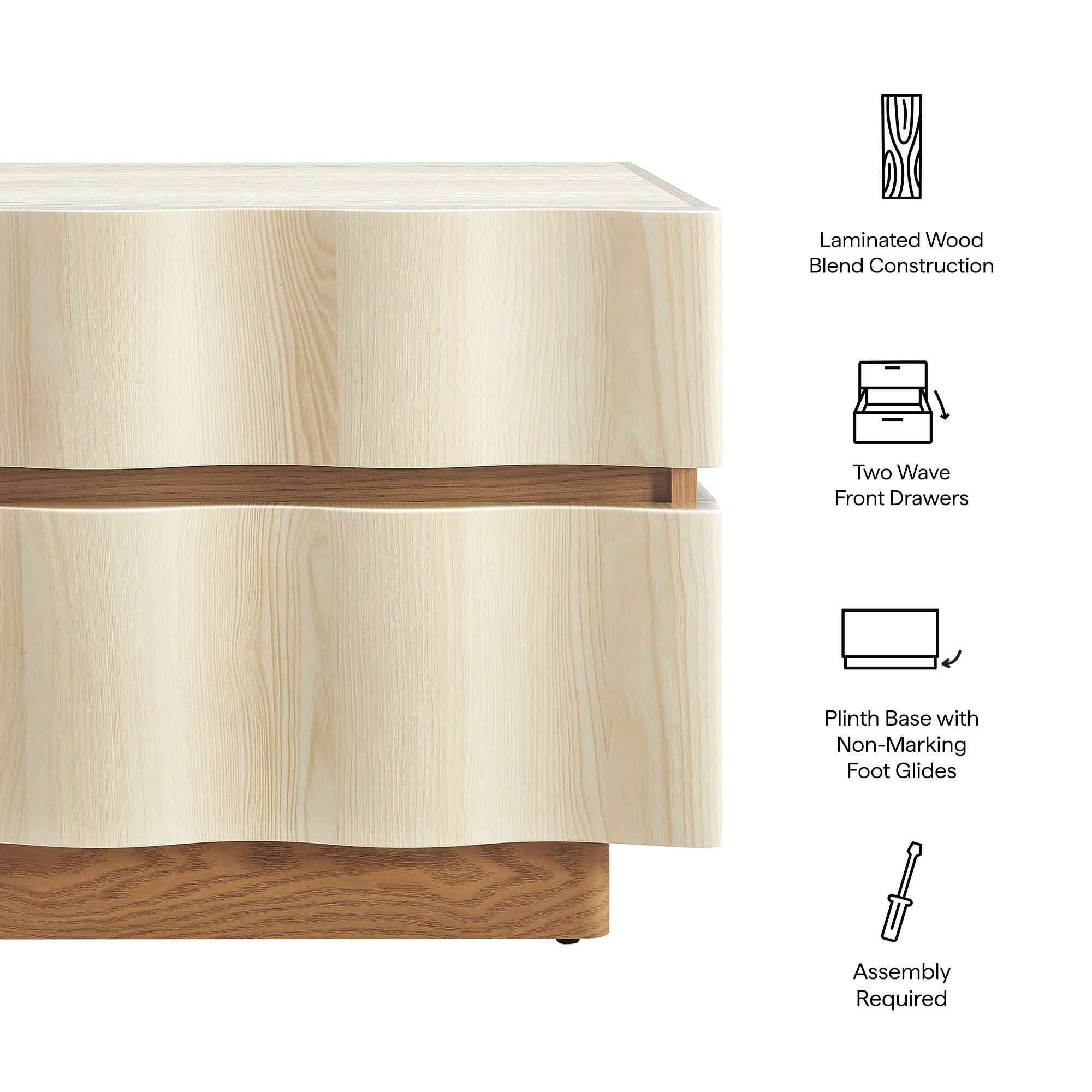 Laminated Wood Blend Construction  
Two Wave Front Drawers  
Plinth Base with Non-Marking Foot Glides  
Assembly Required