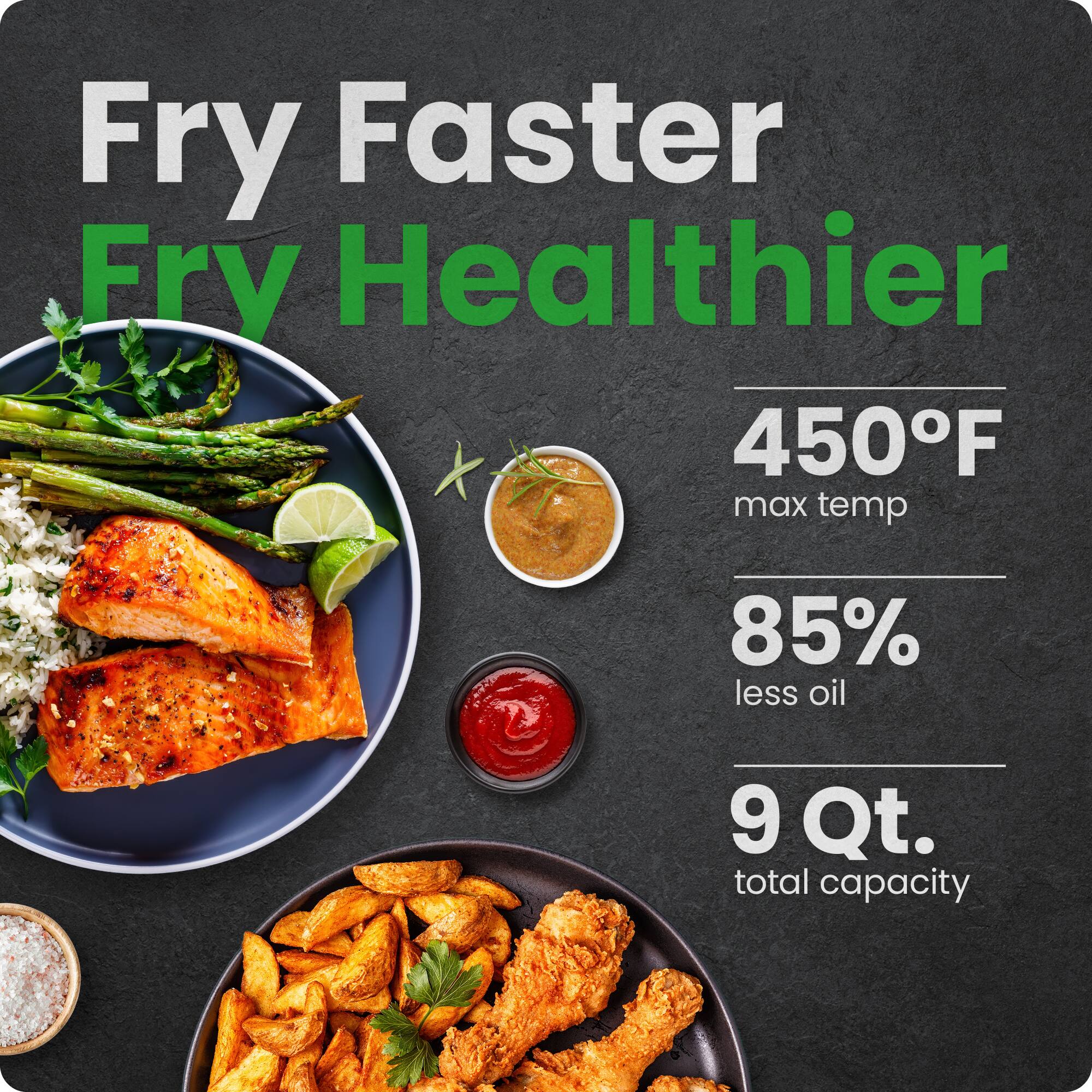 Fry Faster Fry Healthier  
450°F max temp  
85% less oil  
9 Qt. total capacity
