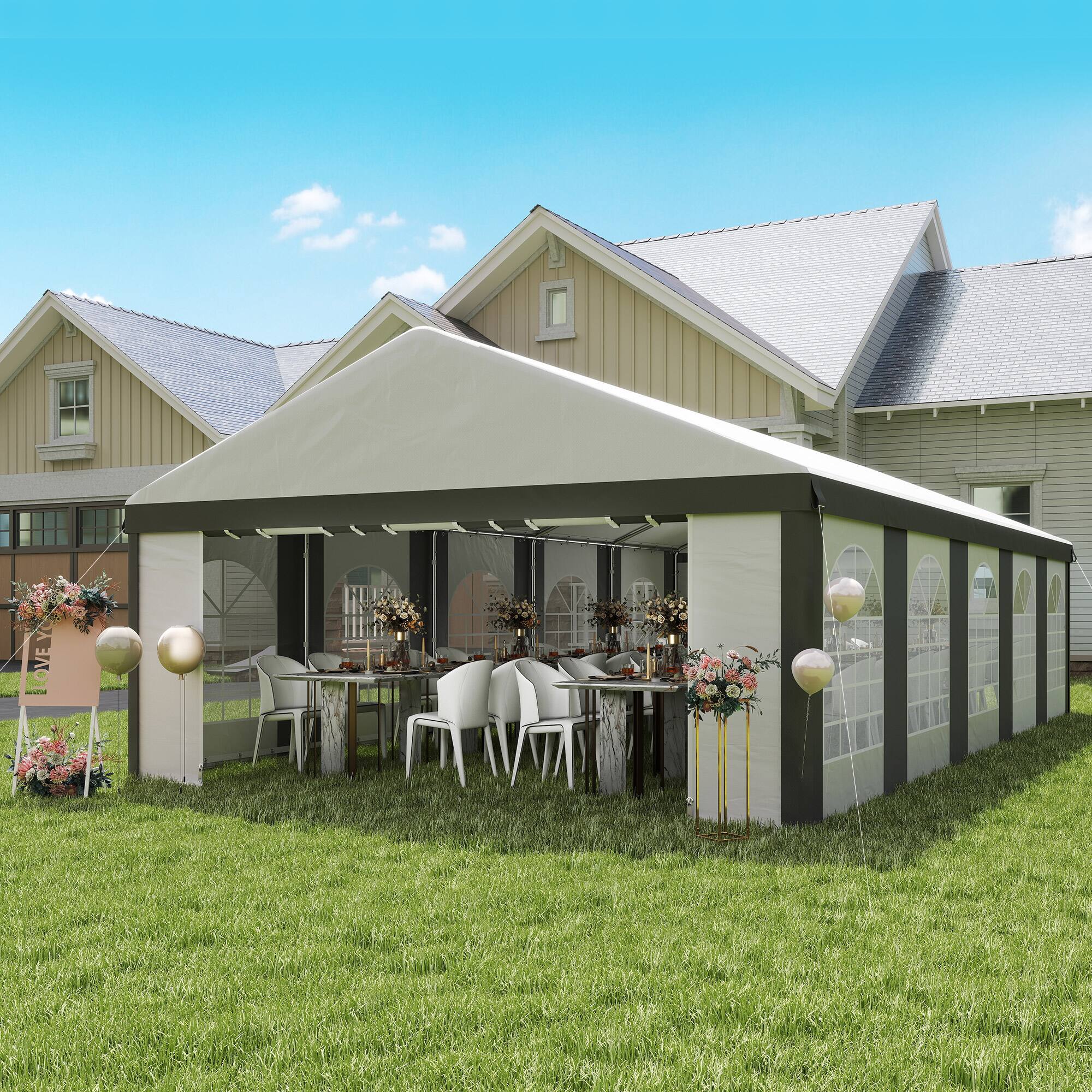 Alt View 1. Outsunny - 16 x 32 ft Heavy Duty Party Tent Outdoor Gazebo Wedding Tent Event Shelter Carport BBQ - White and Gray.