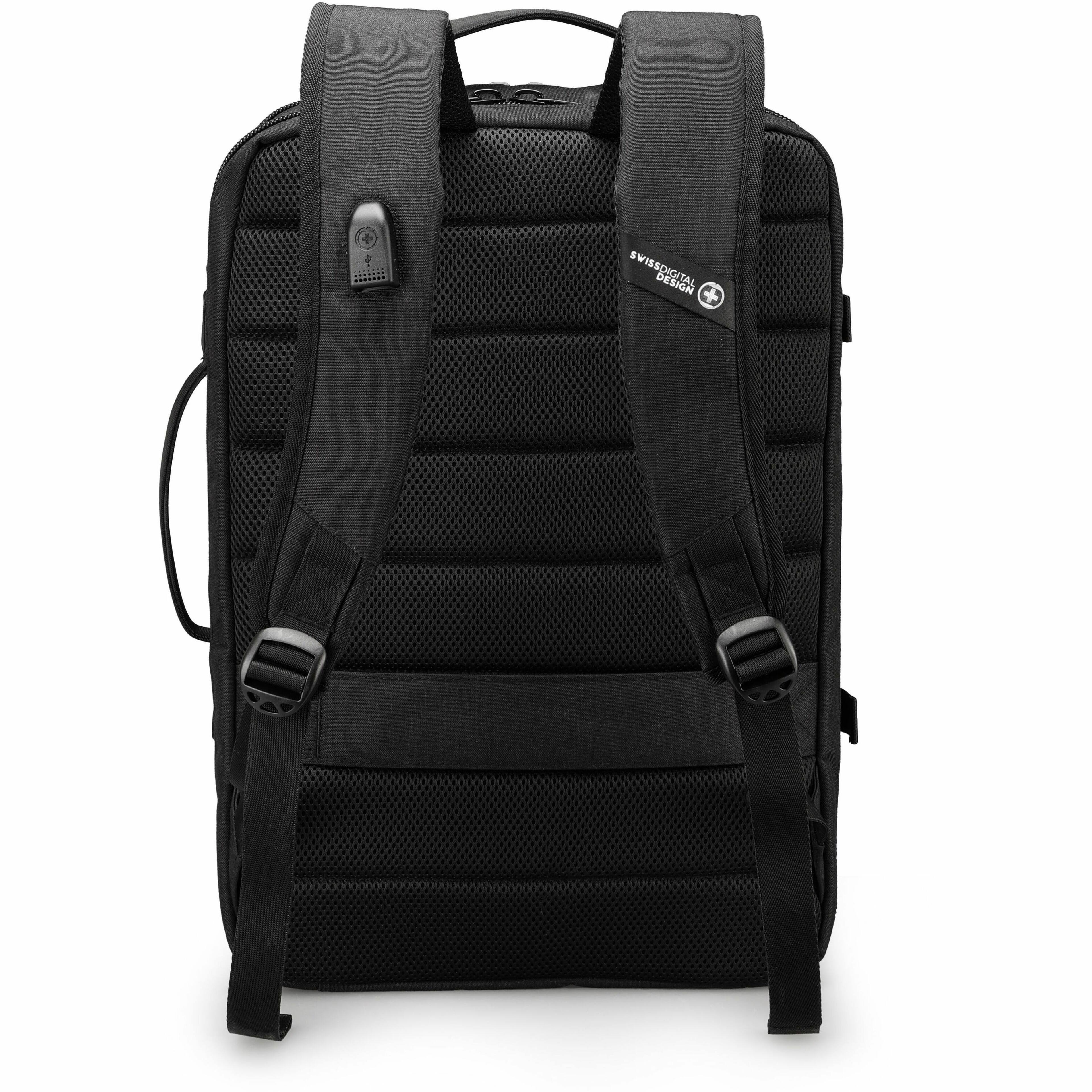 The backpack is black and has a strap. It is a digital design backpack.