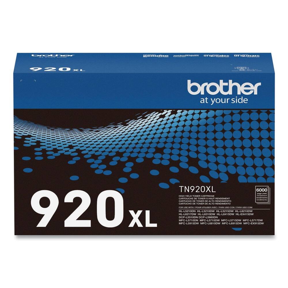 Brother at your side  
920 XL  
TN920XL  

High Yield Toner Cartridge  
Cartouche de toner de haute capacité  
Cartucho de toner de alto rendimiento  
TN920XL  

6000 Pages  
6000 Páginas  
6000 Pages  

For use with:  
HL-L5100DW HL-L5210DW HL-L5215DW HL-L6210DW HL-L6217DW HL-EX415DW  
DCP-L5100DW DCP-L5600DW DCP-L5710DW DCP-L5715DW DCP-L5717DW  
MFC-L5100DW MFC-L515DW MFC-L517DW MFC-L5710DW MFC-L5715DW MFC-L5717DW  
MFC-L6100DW MFC-L615DW MFC-L617DW MFC-EX415DW