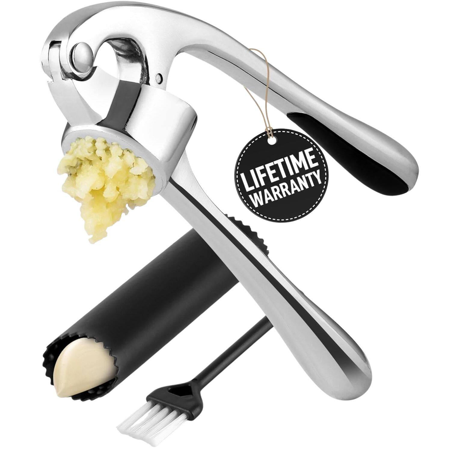 Zulay Kitchen - Premium Garlic Press with Soft, Easy to Squeeze Handle - Includes Silicone Garlic Peeler & Cleaning Brush - Chrome