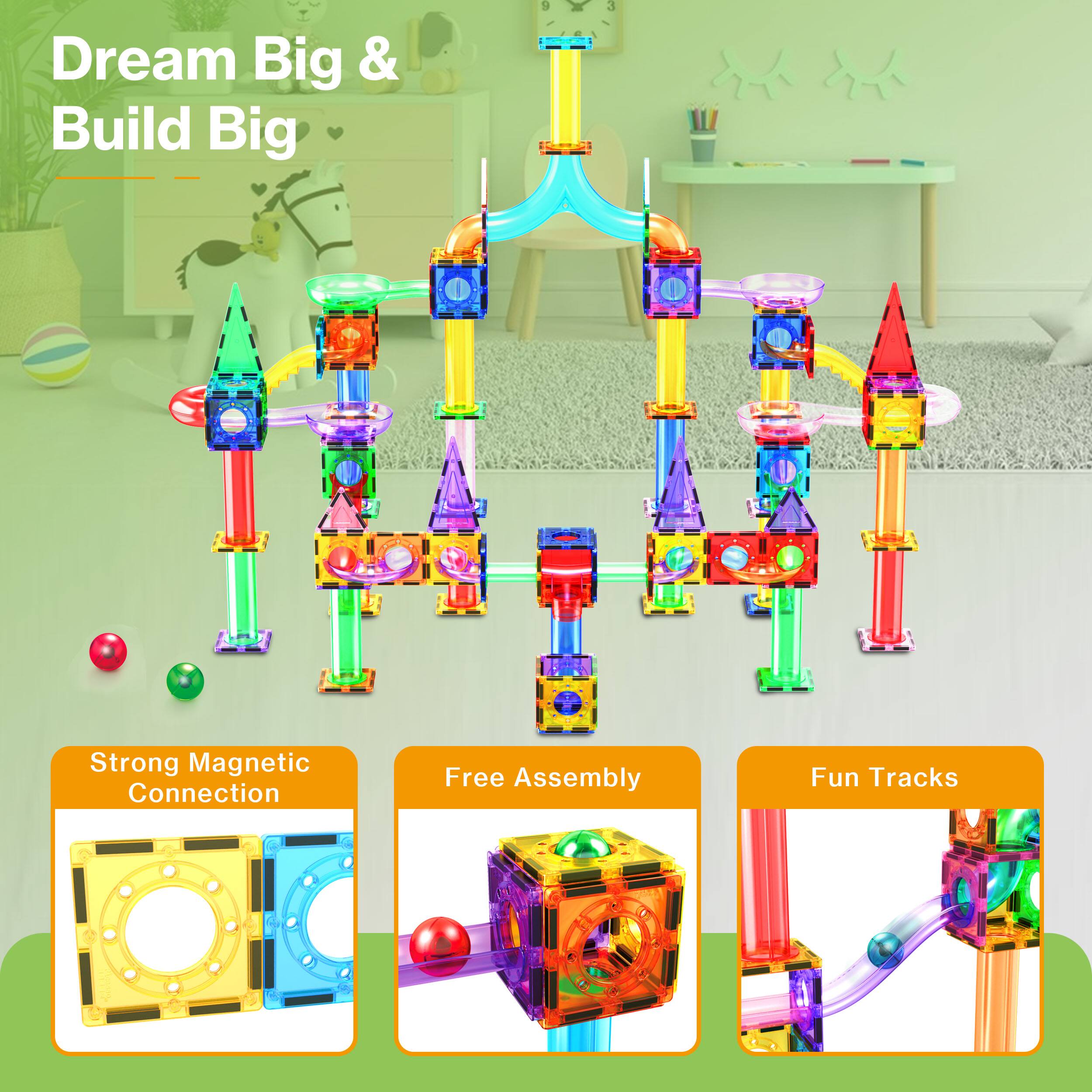 Dream Big & Build Big

- Strong Magnetic Connection
- Free Assembly
- Fun Tracks