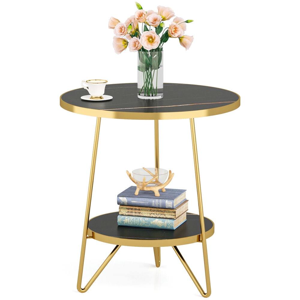 Angle. Kadyn - Kadyn Sofa Side End Table, Faux Marble Couch Table, 2-Tier Round Bedside Table with Shelves,Black Gold - Black.