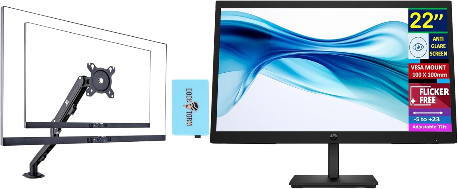 HP - 22" Series 3 Pro FHD VA Monitor, Flicker Free, VESA Mount, HDMI (9U5A2AA#ABA) w/DKZ Hub & Ergoflexy Single Mount Arm - Black