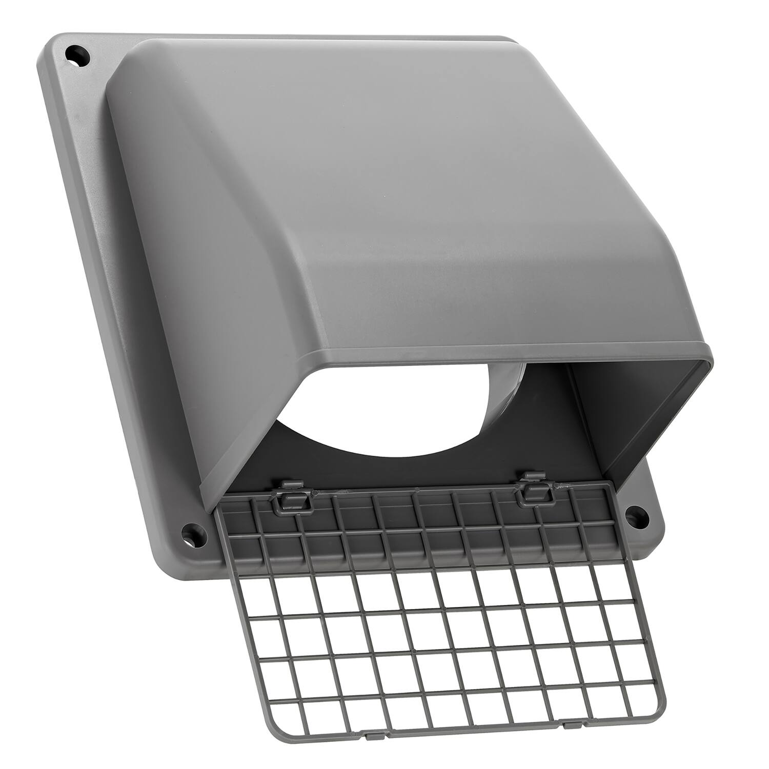 Back. Lambro - 6" Plastic Wall Exhaust or Air Intake Vent with Hinged Screen, Removable Damper, 1.25" Collar, Model 3510.