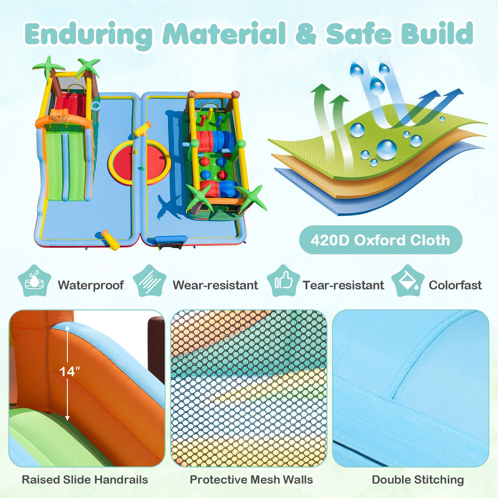 Enduring Material & Safe Build

420D Oxford Cloth
Waterproof
Wear-resistant
Tear-resistant
Colorfast

14" Raised Slide Handrails
Protective Mesh Walls
Double Stitching