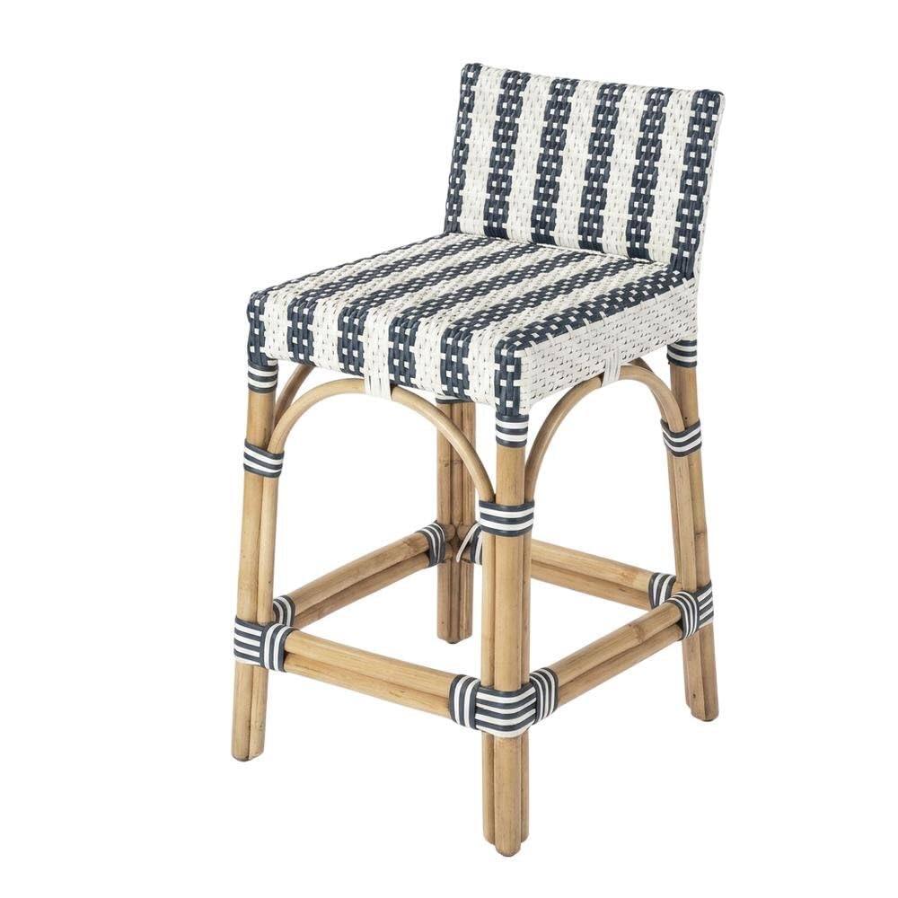 Alt View 1. Starlight Canyon Home - Rattan Low Back Counter Stool, Transitional Bar Stool for Dining Rooms - White And Navy Stripe.