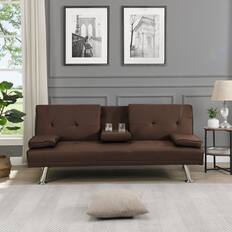 Front. Tiramisubest - Modern Sofa Bed with Armrest Two Holders, PVC Upholstery, Wood Frame, Stainless Steel Legs, Brown - Brown.