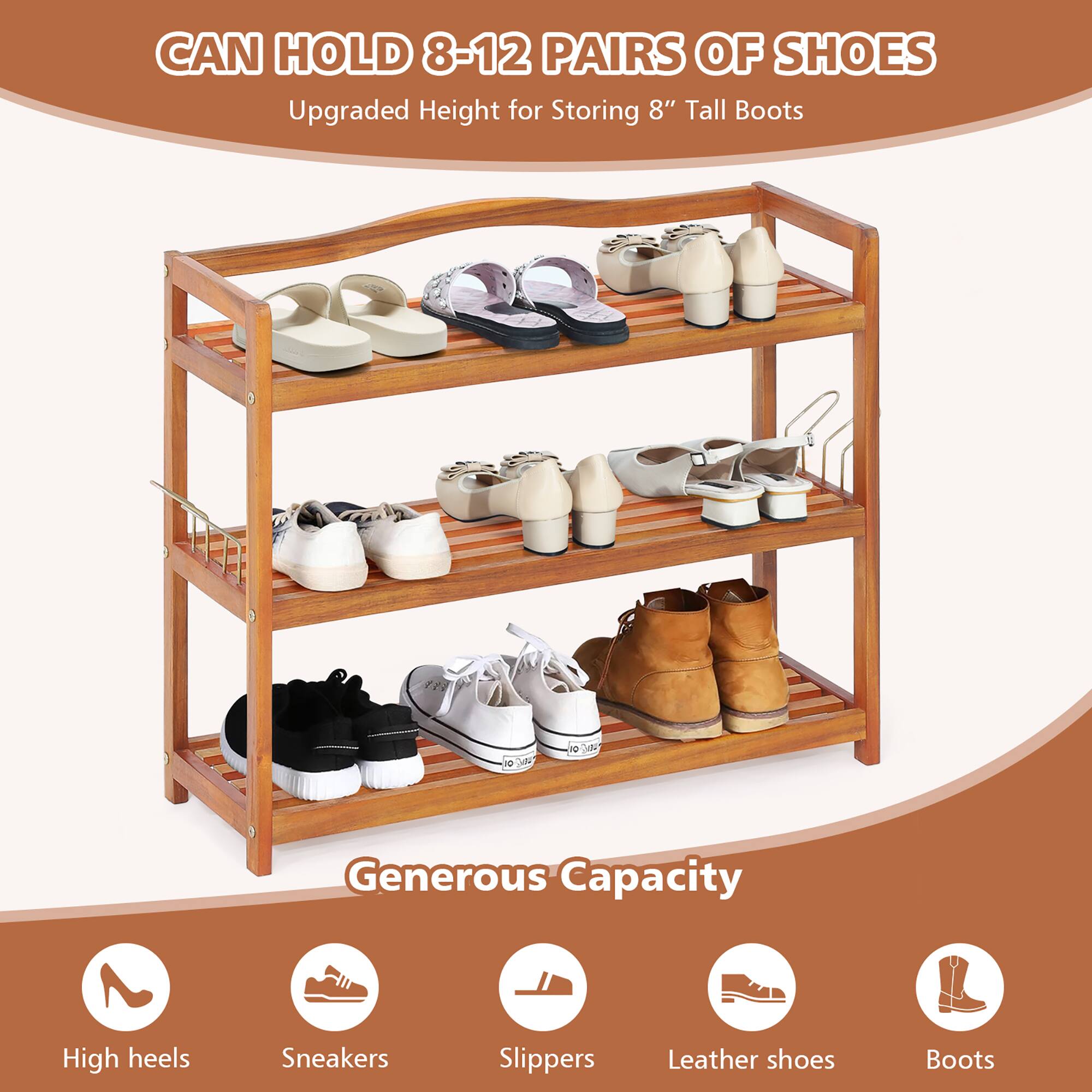 CAN HOLD 8-12 PAIRS OF SHOES: Upgraded Height for Storing 8" Tall Boots. Generous Capacity. High heels, Sneakers, Slippers, Leather shoes, Boots.