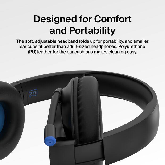 Designed for Comfort and Portability

The soft, adjustable headband folds up for portability, and smaller ear cups fit better than adult-sized headphones. Polyurethane (PU) leather for the ear cushions makes cleaning easy.
