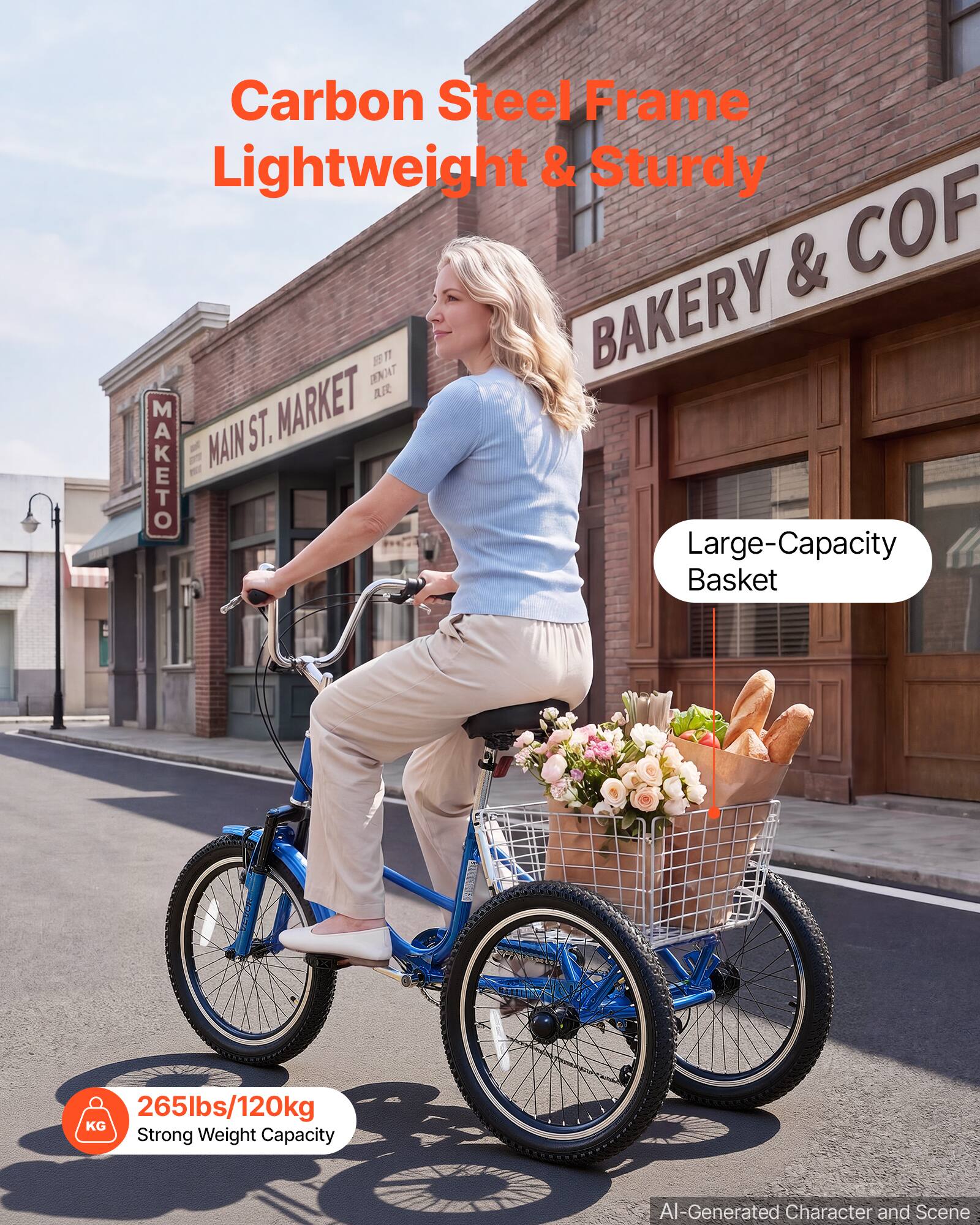 Carbon Steel Frame Lightweight & Sturdy

Large-Capacity Basket

265lbs/120kg Strong Weight Capacity

BAKERY & COF

MAIN ST. MARKET

AI-Generated Character and Scene