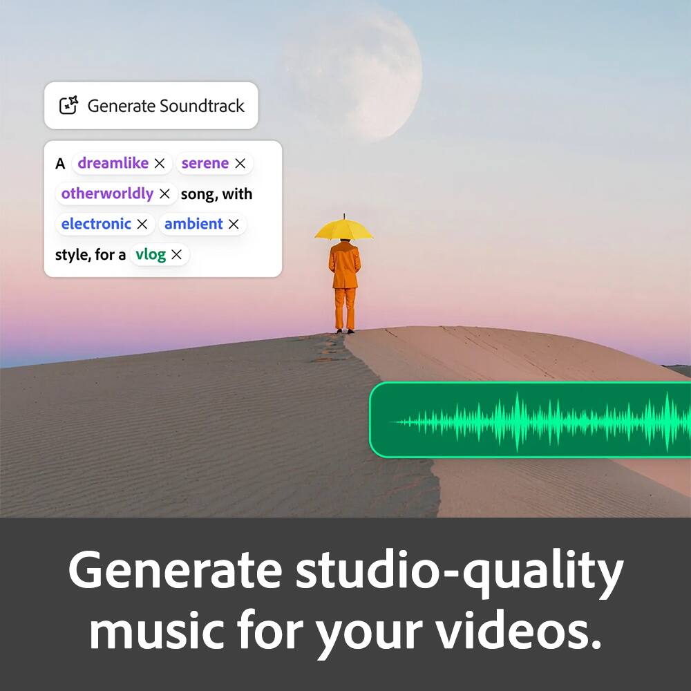 Generate Soundtrack  
A dreamlike, serene, otherworldly song, with electronic ambient style, for a vlog  

Generate studio-quality music for your videos.