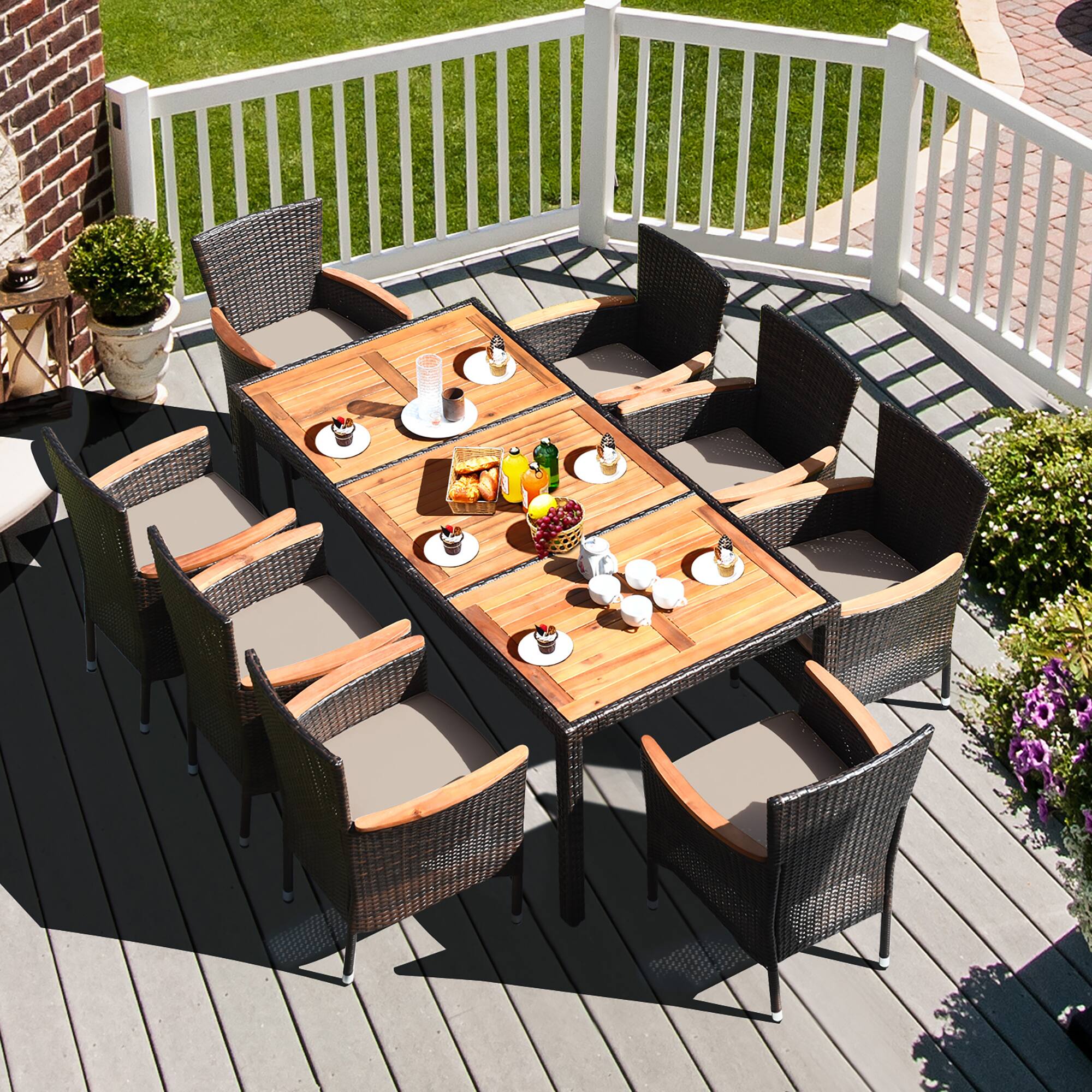 Alt View 9. Gymax - Gymax 9PCS Rattan Patio Dining Set w/ 8 Stackable Cushioned Chairs Wooden Tabletop - Brown.