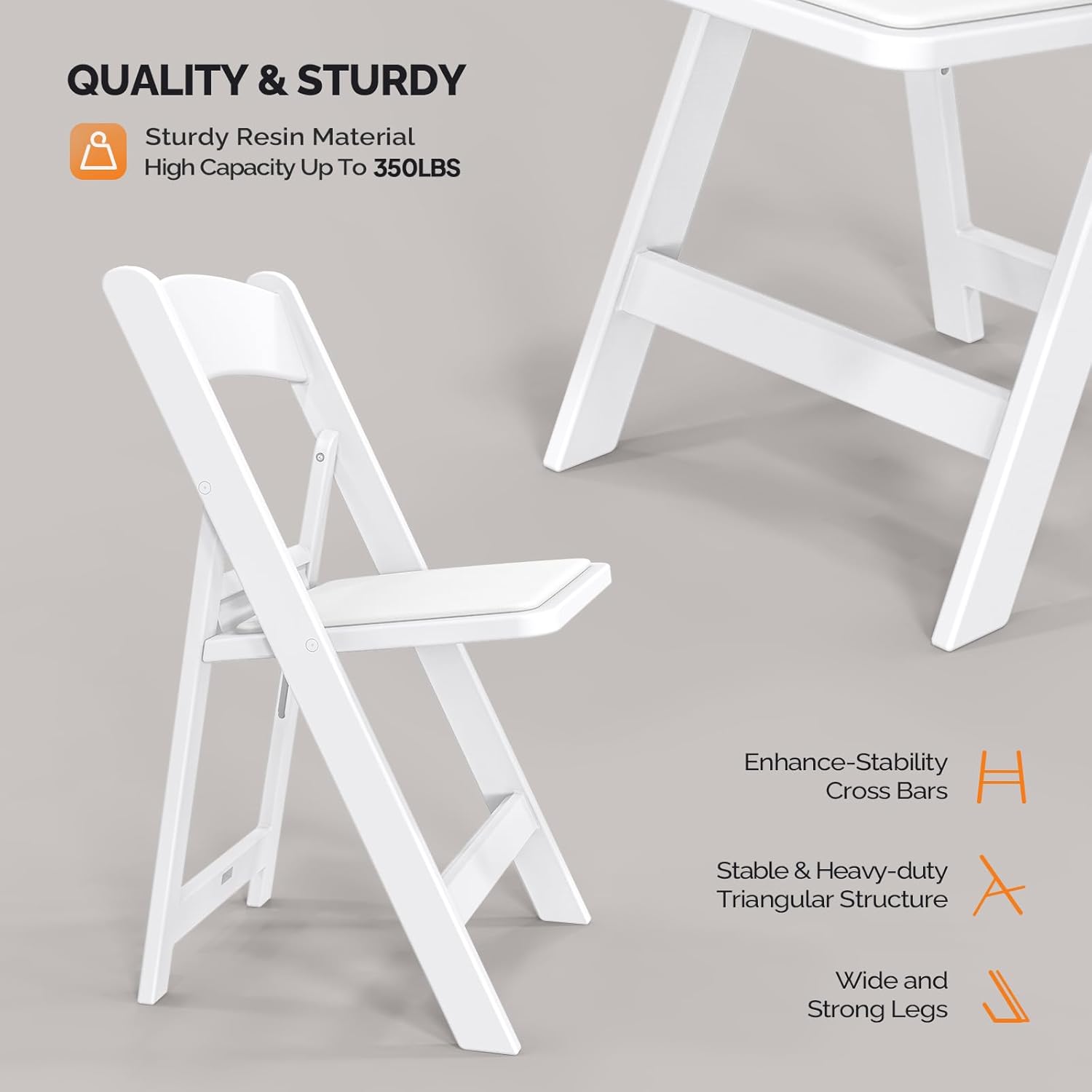 QUALITY & STURDY

Sturdy Resin Material
High Capacity Up To 350LBS

Enhance-Stability Cross Bars
Stable & Heavy-duty Triangular Structure
Wide and Strong Legs