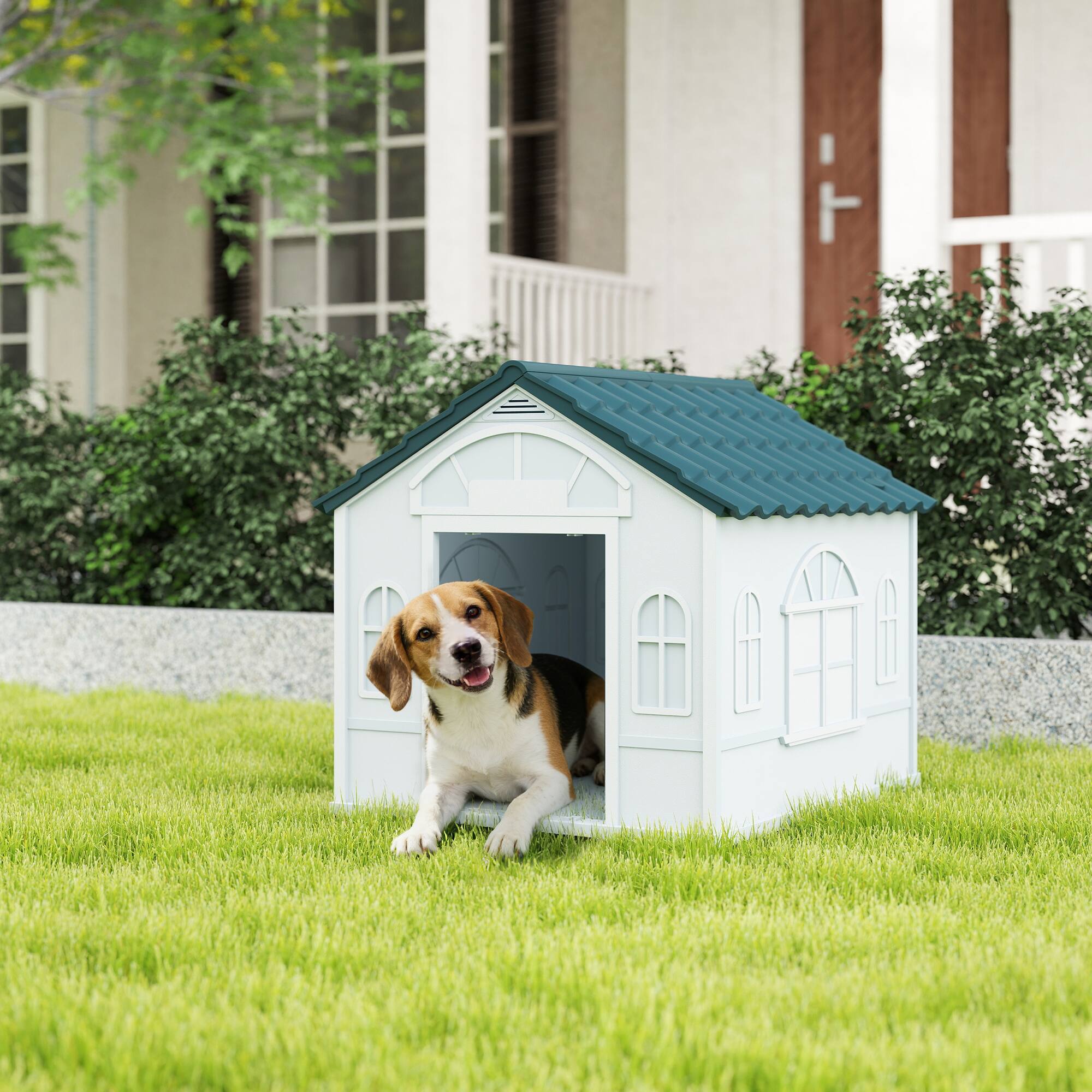 Alt View 1. Pawhut - Dog House for Medium and Small Dogs, Water Resistant Puppy Shelter Indoor Outdoor with Door - Blue.