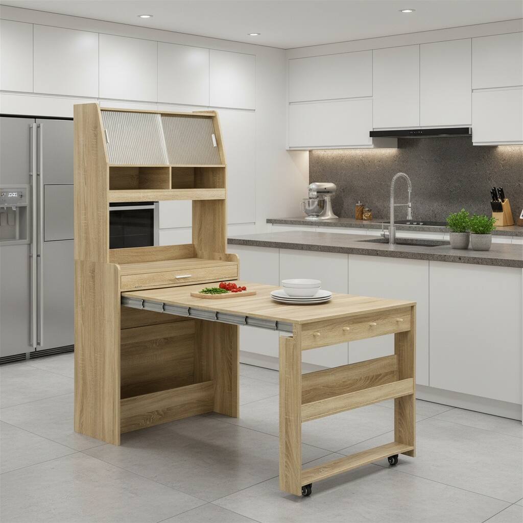 Left. Forest'nSky - 69" Tall Buffet with Hutch & Foldable Dining Table, Storage Cabinet for Small Apartments, Natural Oak - Natural.