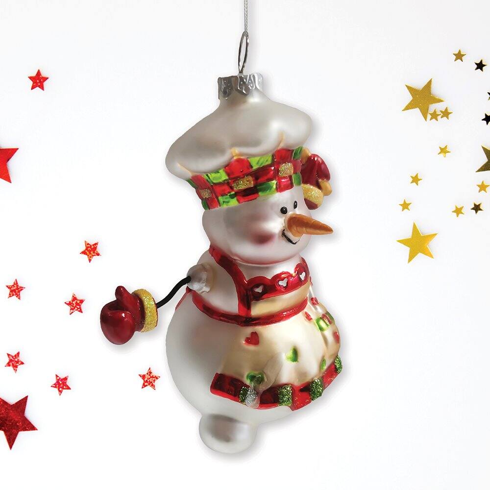 Left. OrnamentallyYou - Cheerful Holiday Snowman Chef Glass Christmas Ornament - Multi-colored.