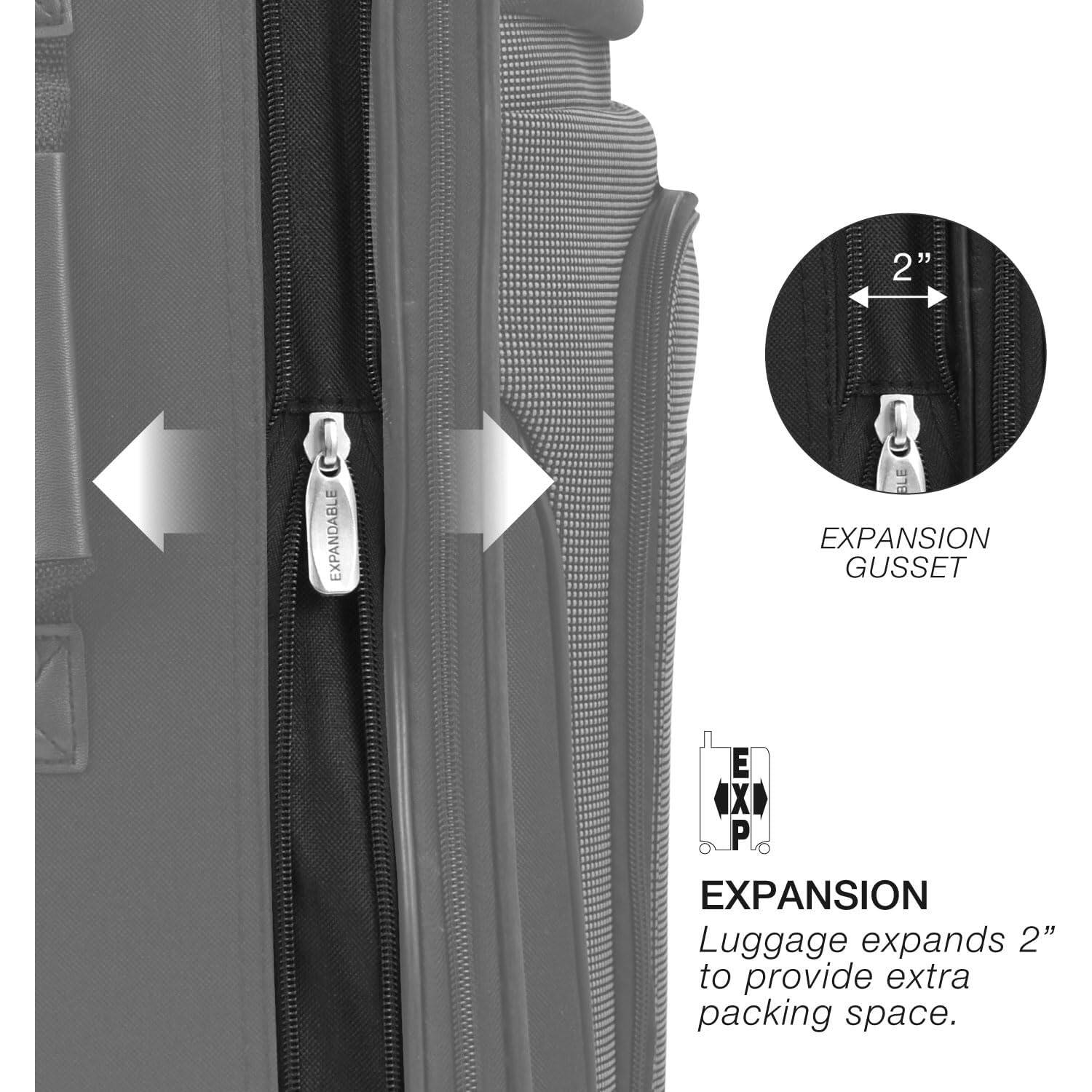 2" EXPANDABLE EXPANSION GUSSET  
EXPANSION  
Luggage expands 2" to provide extra packing space.