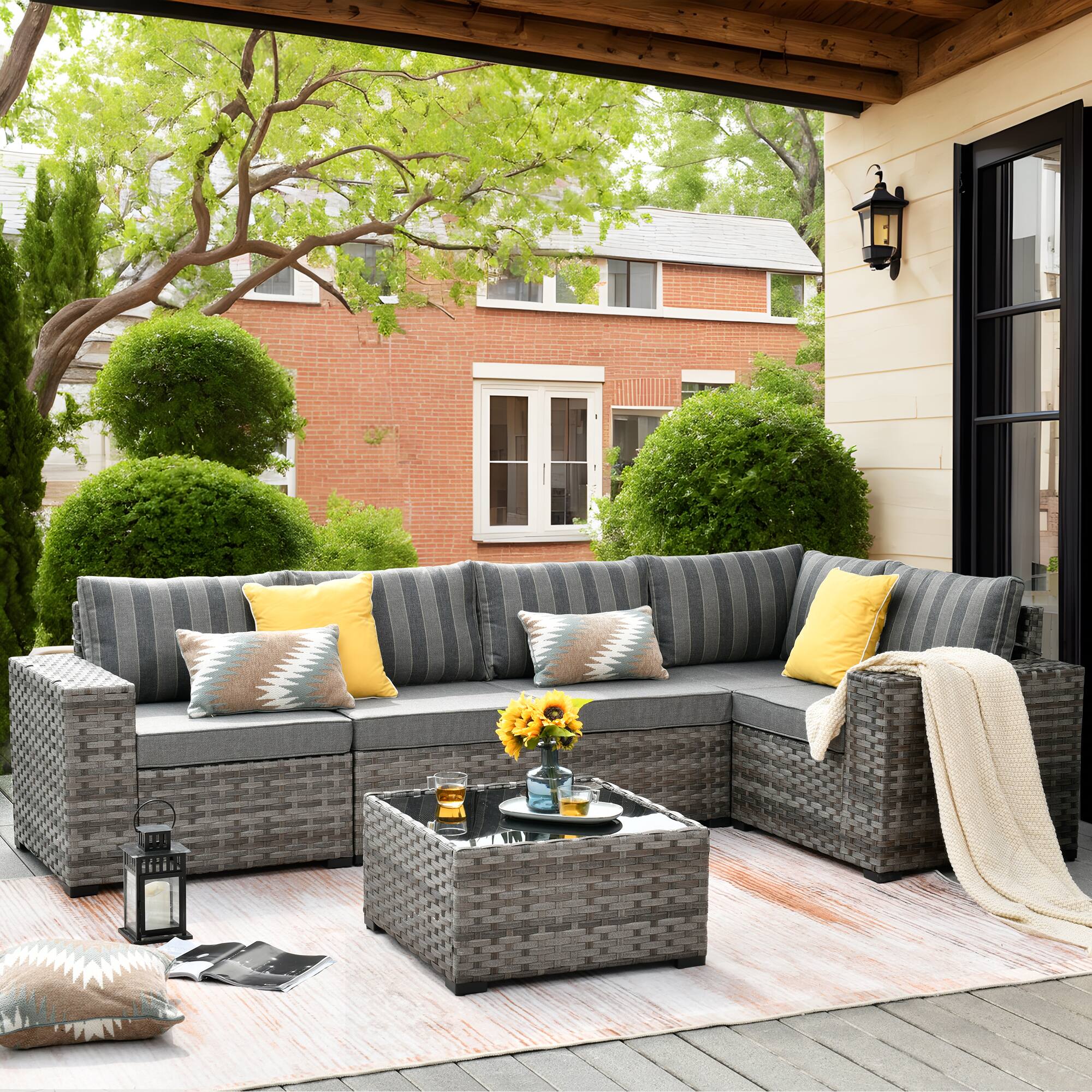 Ovios - 6 PCS Rattan Patio Furniture, Modular Sectional Sofa, Outdoor Conversation Set with Coffee Table - Dark Grey Stripe price history on PriceWatchPro