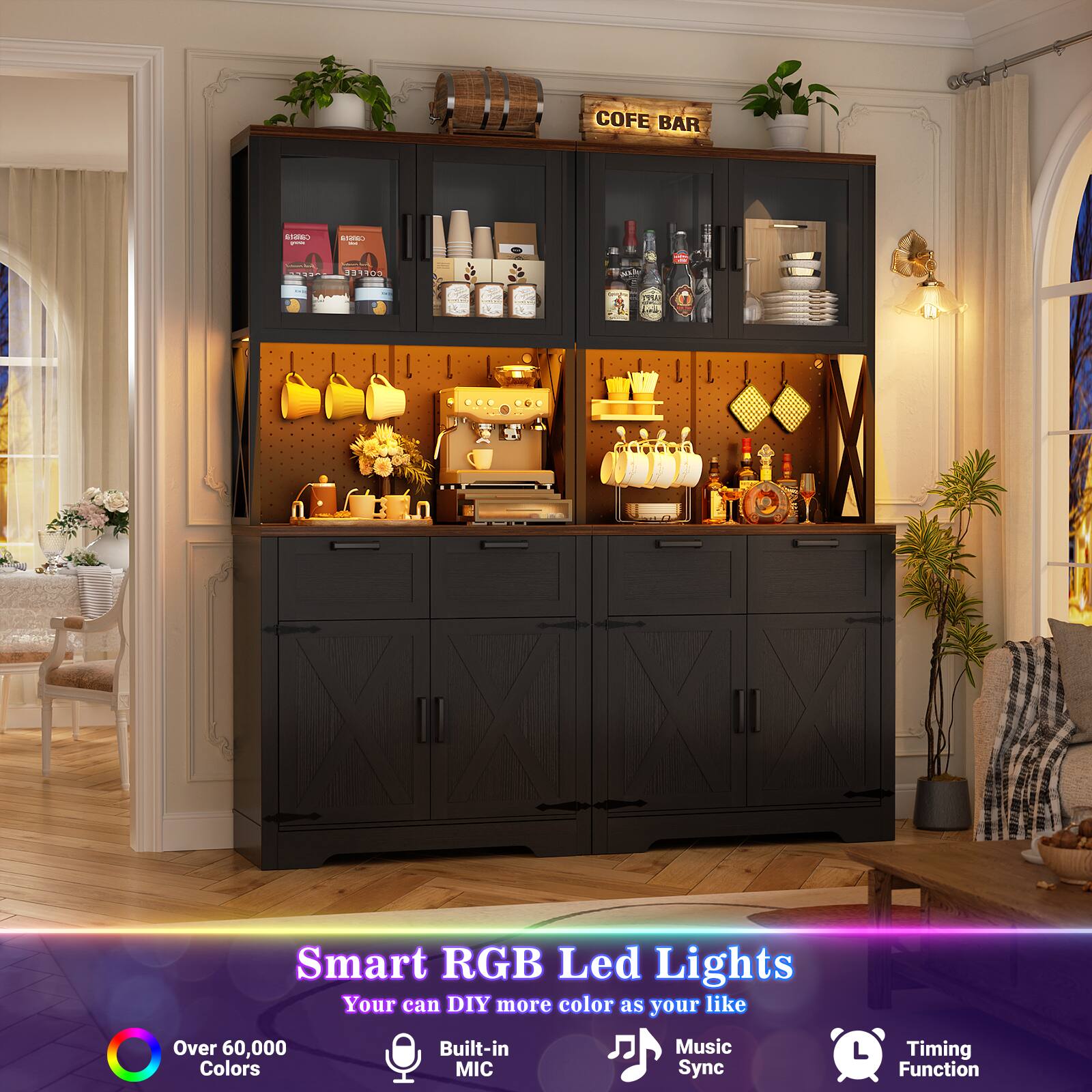 COFE BAR

Smart RGB Led Lights  
Your can DIY more color as your like  
Over 60,000 Built-in Music Timing Colors MIC Sync Q Function