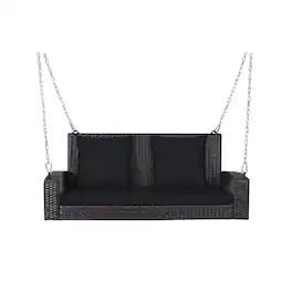 Pefilos - 2-Person Patio Rattan Porch Swing with Cushions- 2-Seater Hanging Bench, Pillow for Backyar Garen Poolsi - Black