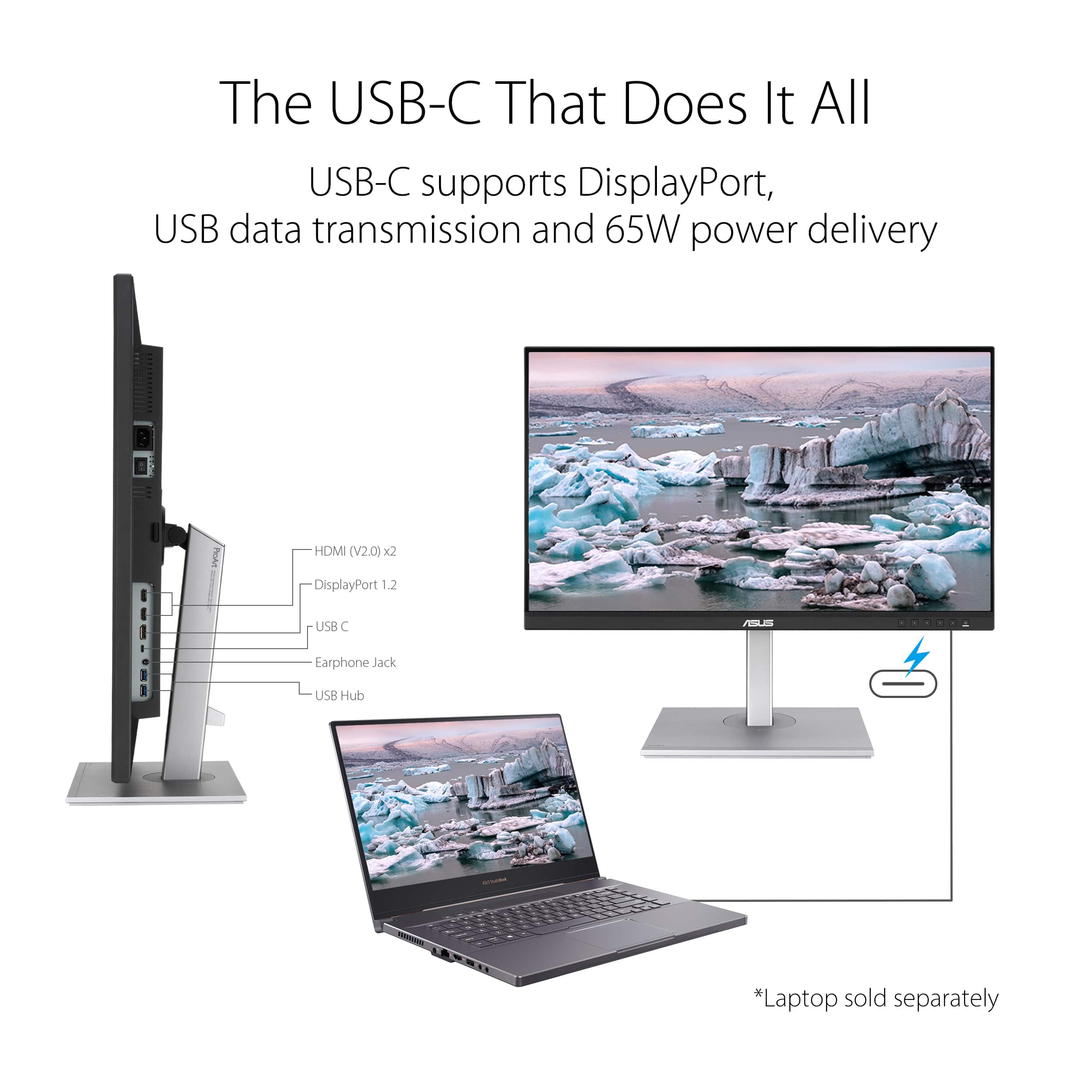 The USB-C That Does It All: USB-C supports DisplayPort, USB data transmission, and 65W power delivery. HDMI (V2.0 x2 DisplayPort 1.2 USB C a Earphone Jack USE Hub. Laptop sold separately.