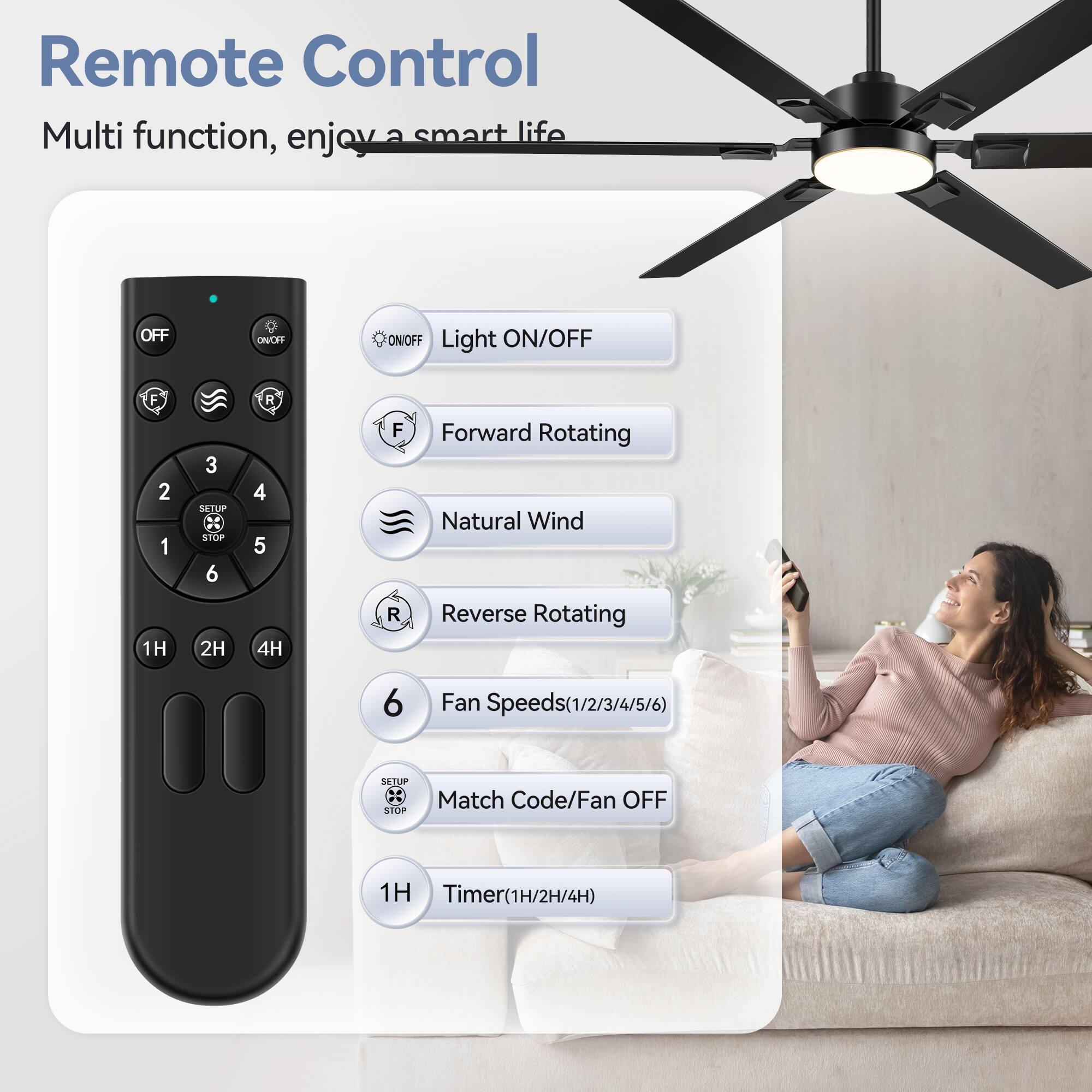 Remote Control  
Multi function, enjoy a smart life  

- OFF ON/OFF  
- Light ON/OFF  
- F Forward Rotating  
- R Reverse Rotating  
- 1H 2H 4H  
- 1 2 3 4 5 6 Fan Speeds (1/2/3/4/5/6)  
- SETUP STOP  
- Match Code/Fan OFF  
- Timer (1H/2H/4H)