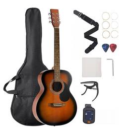 Glintex - 40" Dreadnought Acoustic Guitar, Solid Top, 6-String, Beginner Kit with Gig Bag, Tuner, Capo, Strap, Picks, Fingerboard - Sunburst