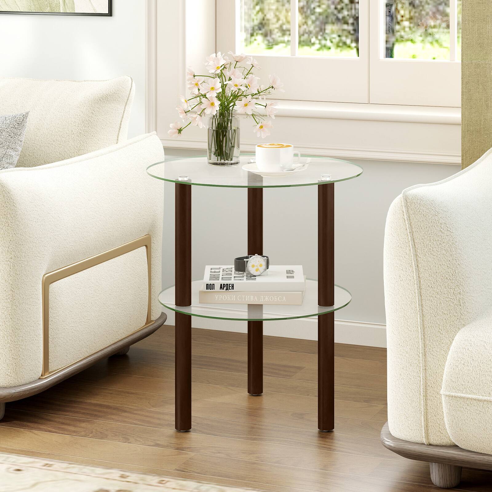 Alt View 1. Costway - Costway 2PCS Round End Table, 2-Tier Sofa Side Table with Clear Tempered Glass Top & Shelf - Brown.