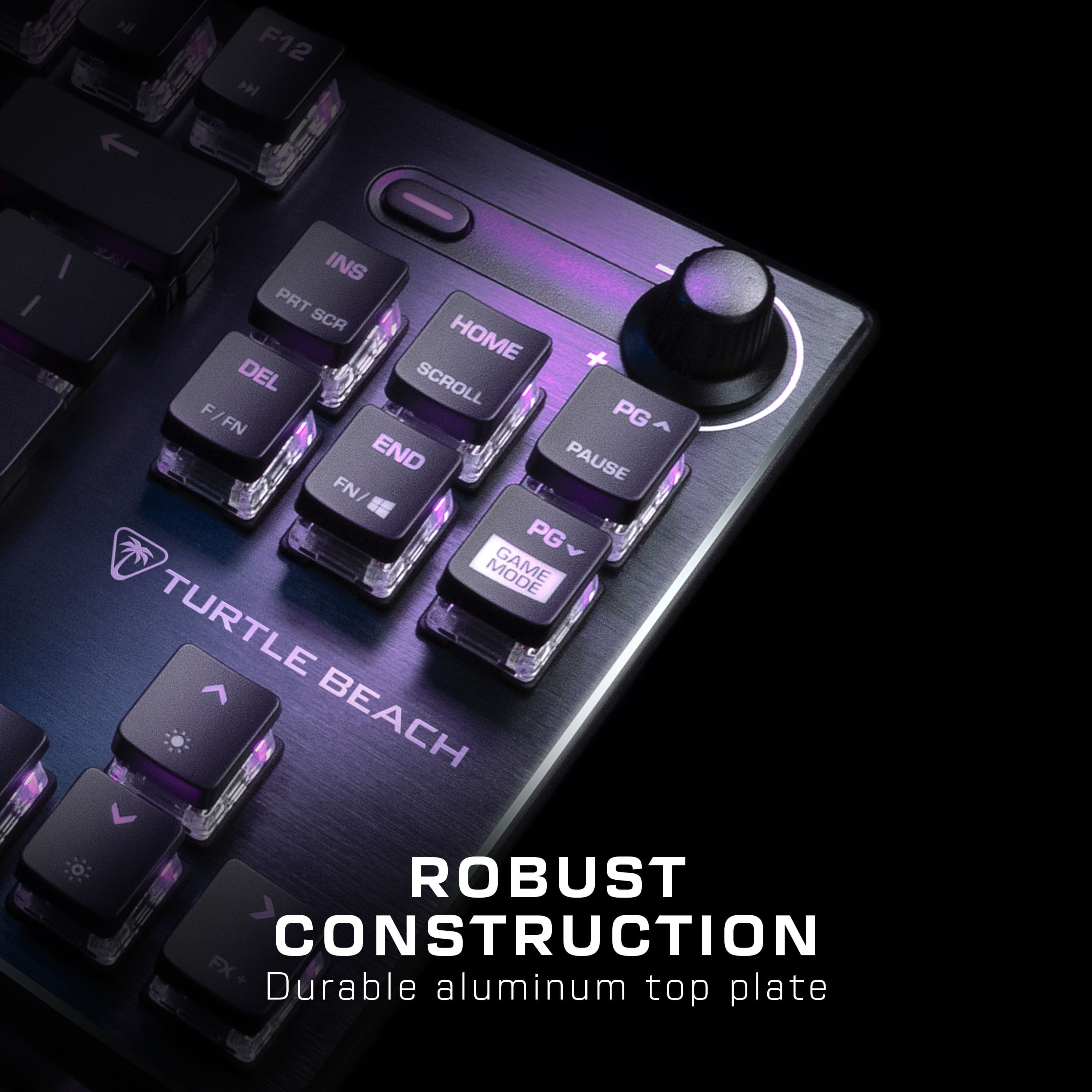 The text on the image reads: "Turtle Beach Robust Construction FX+ Durable aluminum top plate."