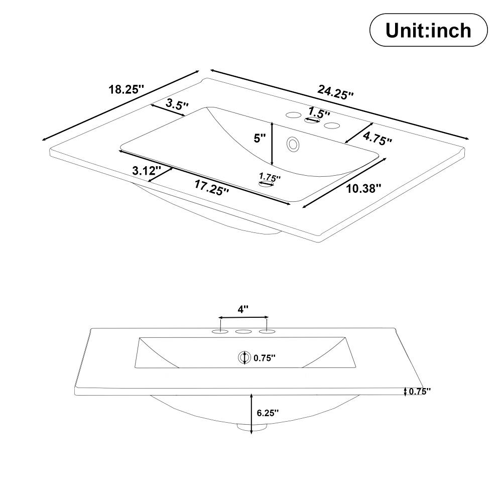 Unit: inch

18.25" 3.5" 3.12" 17.25"
5" 1.75"
24.25" 1.5" 4.75" 10.38"
4"
0.75" 0.75"
6.25"
