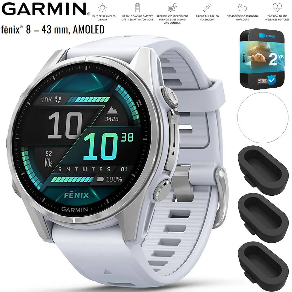 GARMIN  
fenix® 8 – 43 mm, AMOLED  
- LIGHT, CRISP AMOLED DISPLAY  
- UP TO 10 DAYS OF BATTERY LIFE IN SMARTWATCH MODE  
- SPEAKER AND MICROPHONE FOR VOICE MESSAGING AND CONTROL  
- BRIGHT BUILT-IN LED FLASHLIGHT  
- SPORT-SPECIFIC STRENGTH WORKOUTS  
- 24/7 HEALTH AND WELLNESS FEATURES  
- 2 YEAR EXTENDED WARRANTY  
- 10K  
- 10  
- 3428  
- 38  
- 52  
- VO2  
- SMTWTFS  
- 01  
- 100%  
- FÉNIX  
- GARMIN