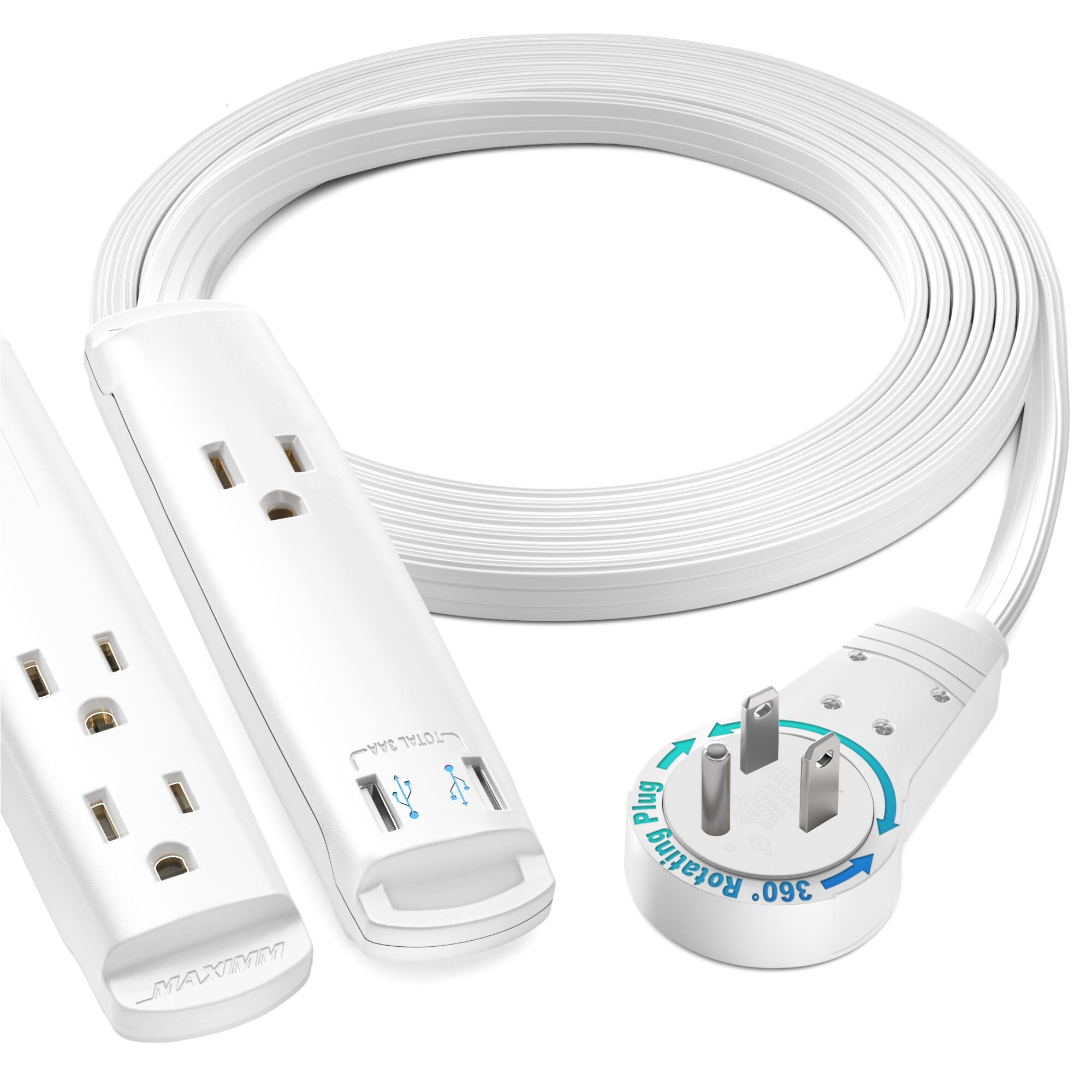 Maximm - Extension Cord with USB Ports 6FT, 360° Rotating Flat Plug, 3-Outlet with USB Ports (2 Ports), 3 Prong, UL Certified - White