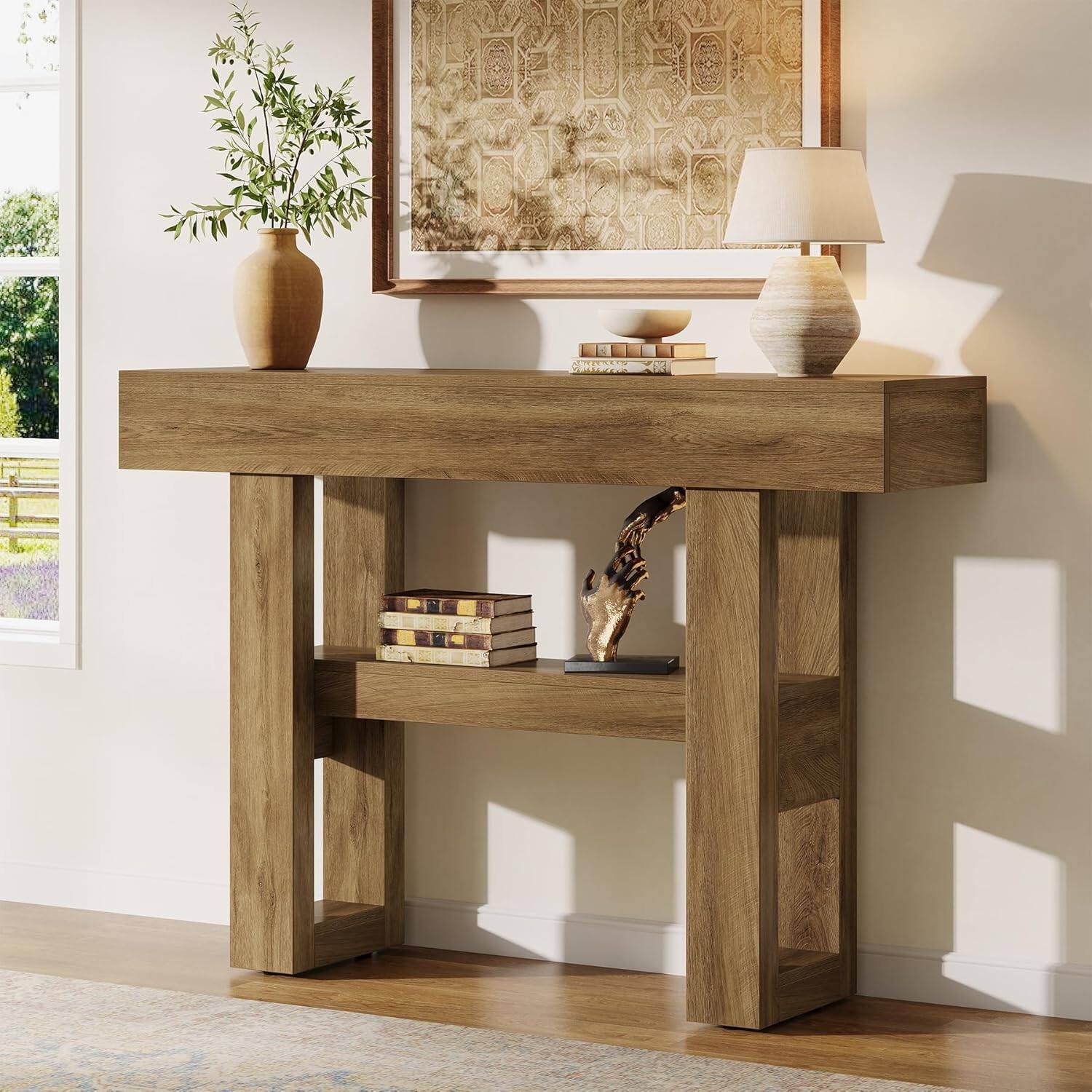 Alt View 1. Tribesigns - Console Table with Storage Shelves, Adjustable Feet and Space-Saving Design for Entryway and Hallway - Light Brown.