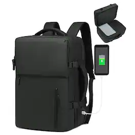 Unique Bargains - Lay Flat Carry on Travel Backpack, 30L Airline Approved, Fits 16" Laptop, USB-C & USB-A, Water Resistant - Black