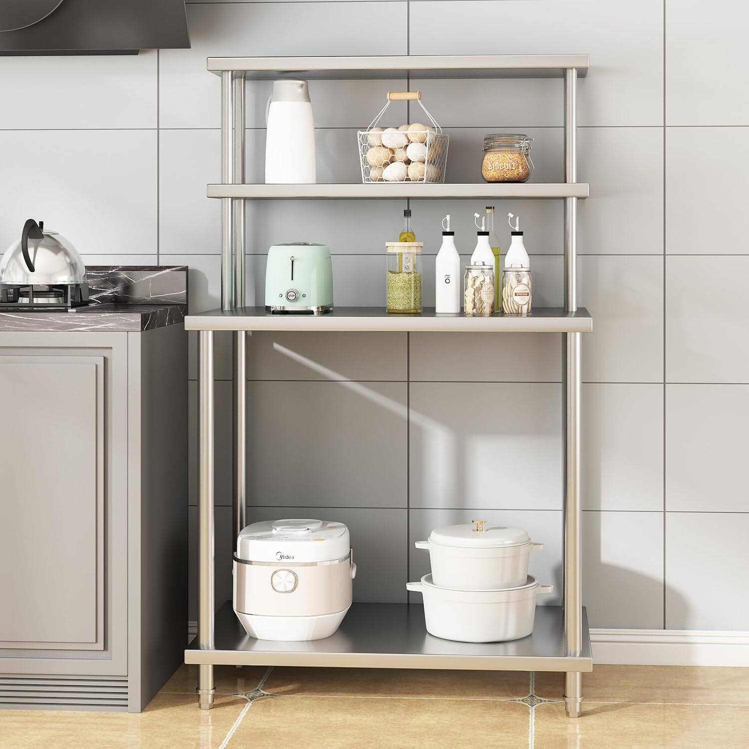 Angle. Acekool - 36"x24" Stainless Steel Work Table with 2-Tier Adjustable Overshelves, Commercial Prep Table for Kitchen,No wheels - Silver.